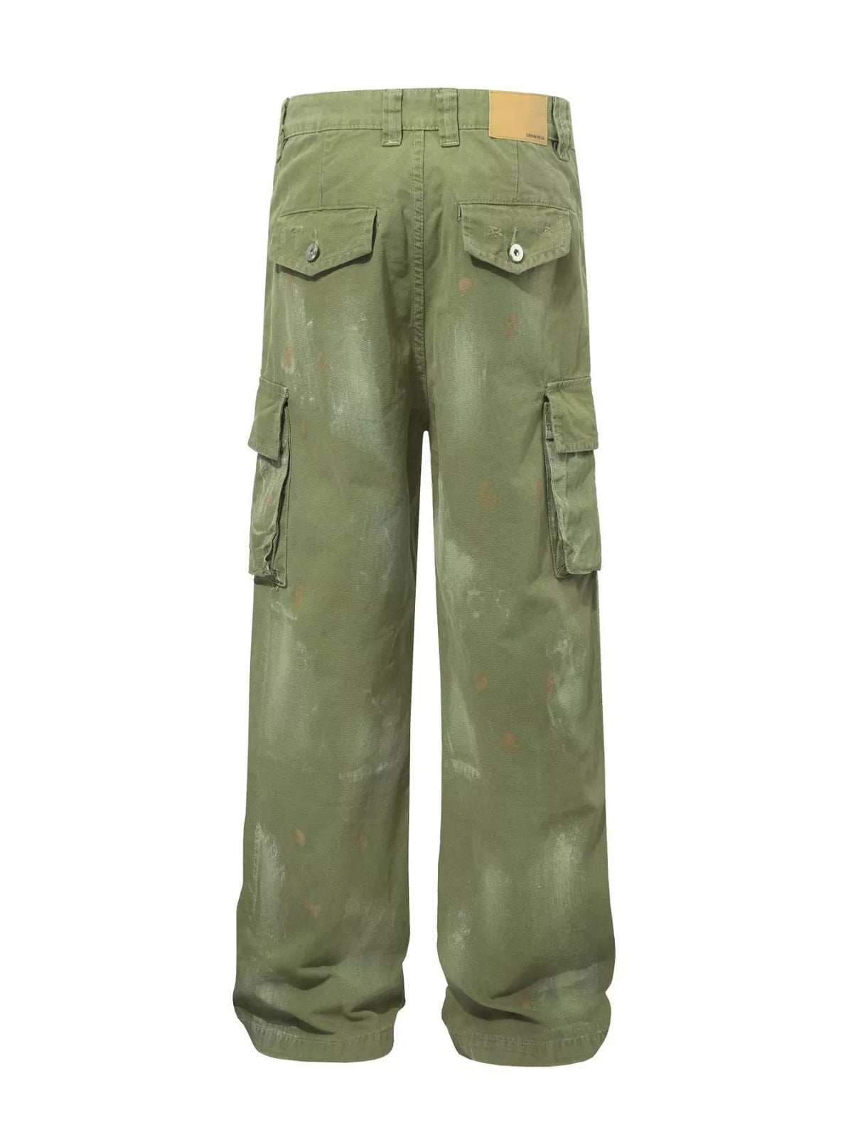 Men's Distressed Cargo Pants with Paint Splatter in Moss, view 2