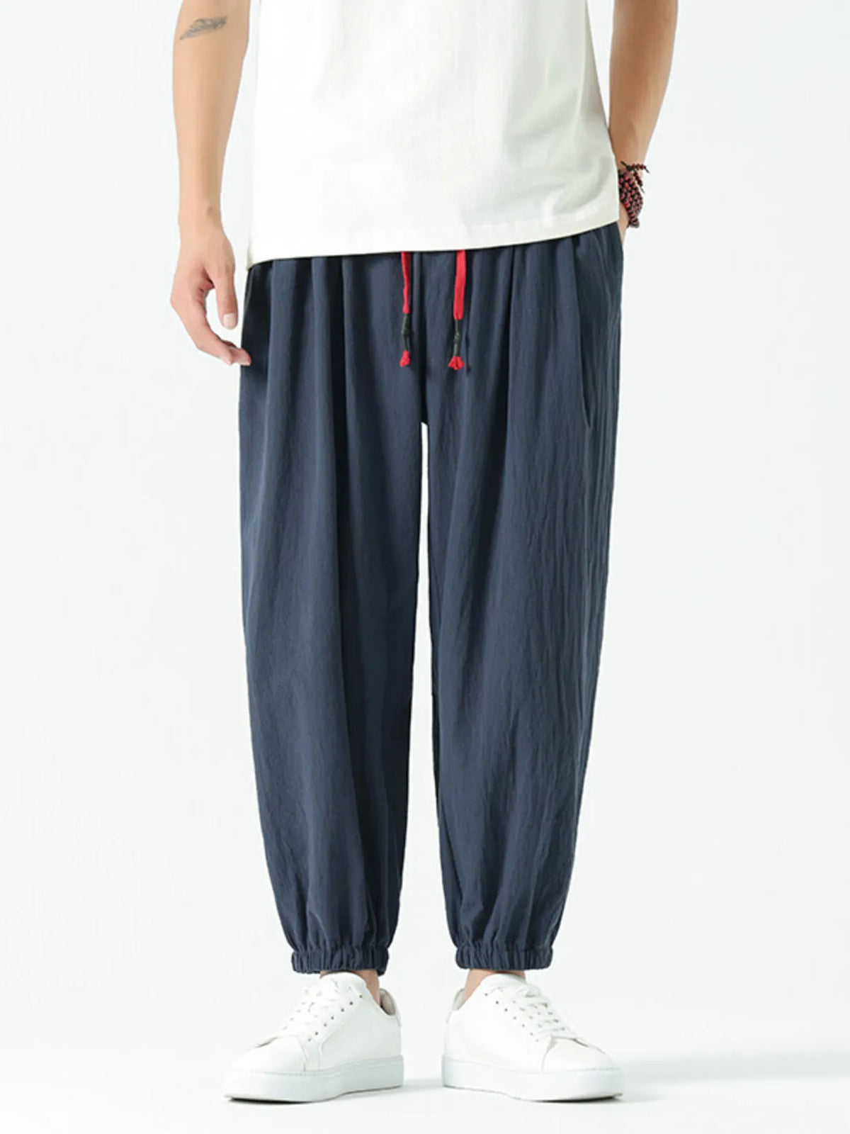 Men's Drawstring Wide Leg Relaxed Fit Pants in Navy Blue