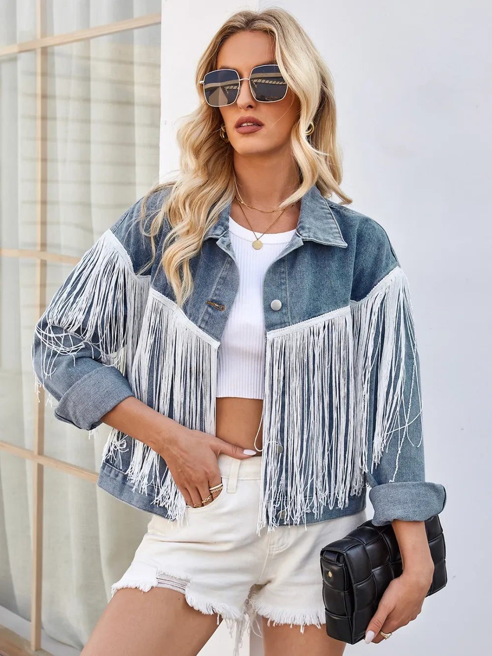 Tassel Button Up Dropped Shoulder Denim Jacket in Black