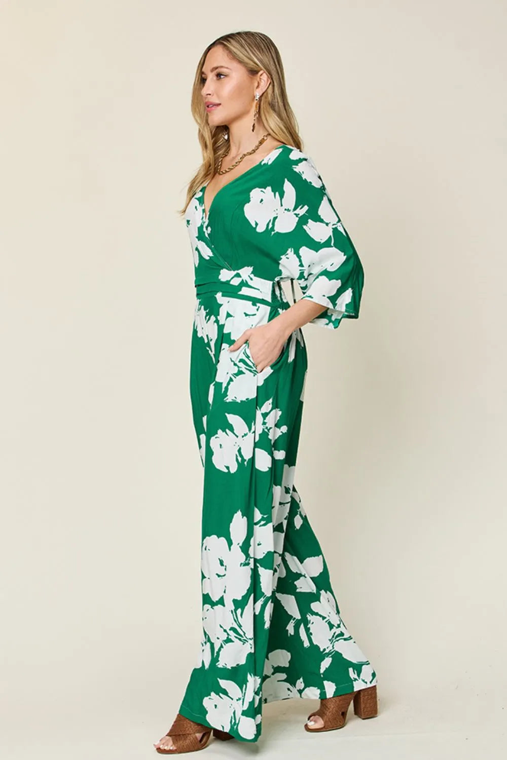 Double Take Full Size Printed Tie Back Wide Leg Jumpsuit - Lilixa.store