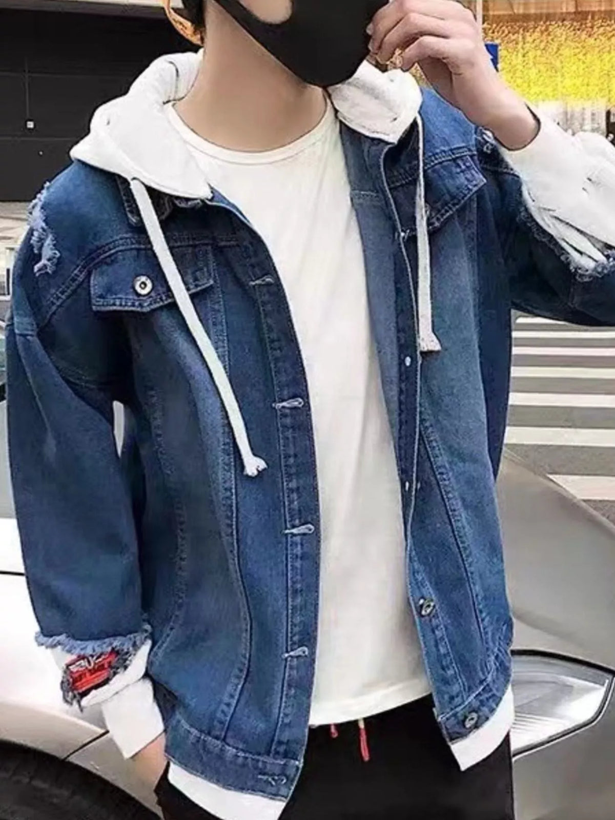Men's Full Size Distressed Patchwork Hooded Denim Jacket Plus Size - Lilixa.store