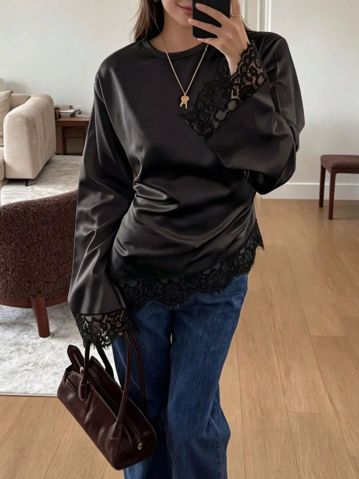 Satin Lace Trim Flare Sleeve Blouse, view 4