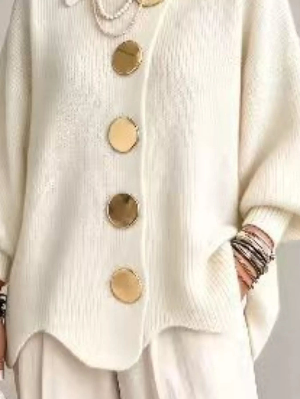 Full Size Gold Buttons Lantern Sleeve Cardigan Plus Size - Lilixa.store