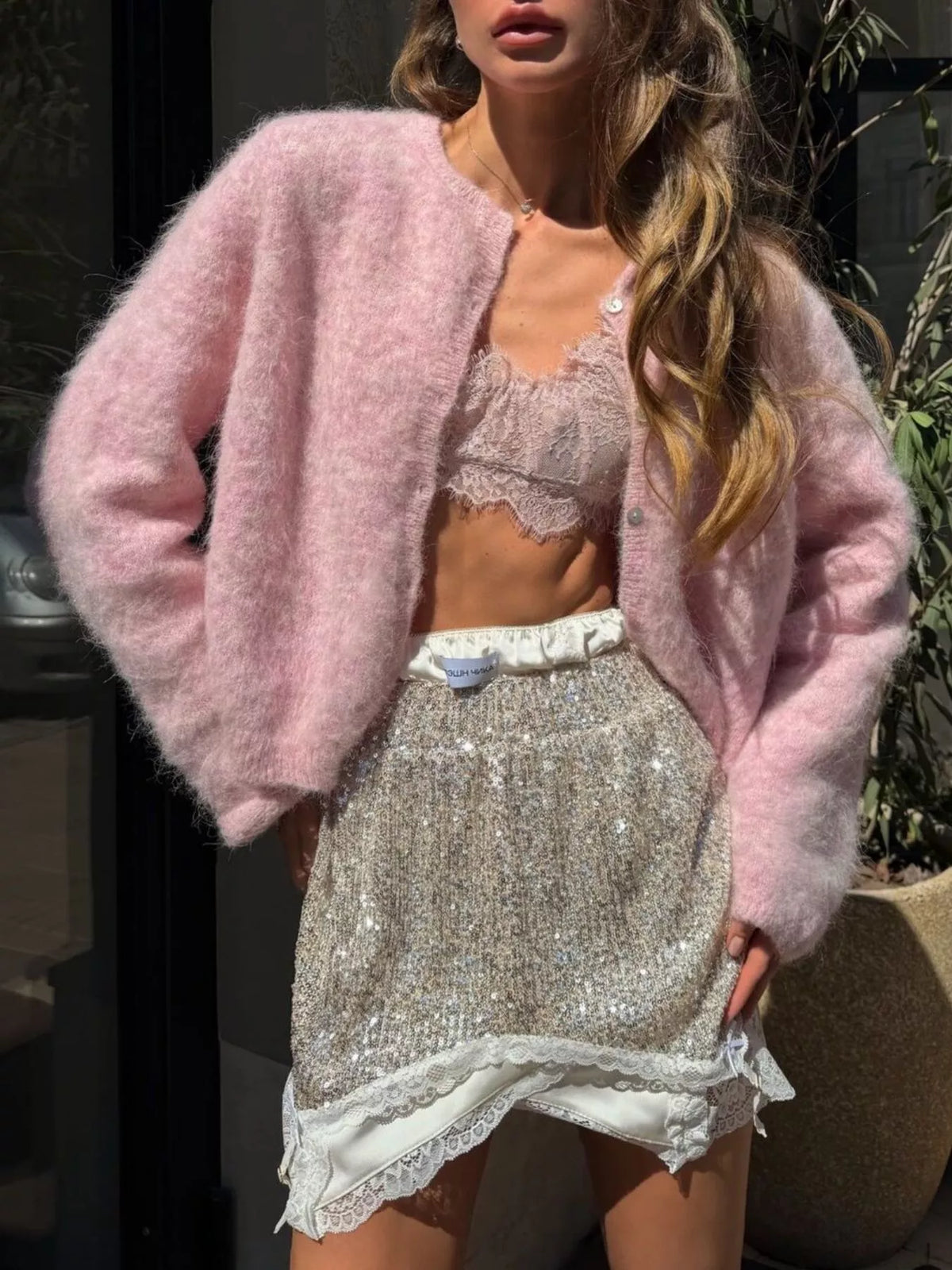 Fuzzy Knit Button-Down Cardigan in Blush Pink