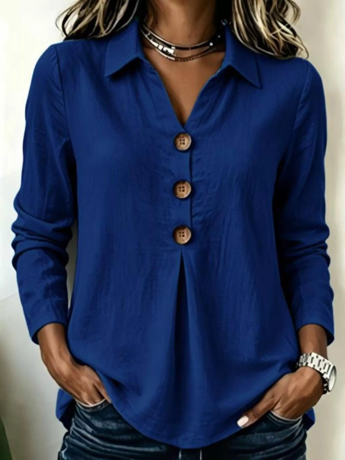 Full Size Button Detail Long Sleeve Blouse Plus Size in Dark Blue