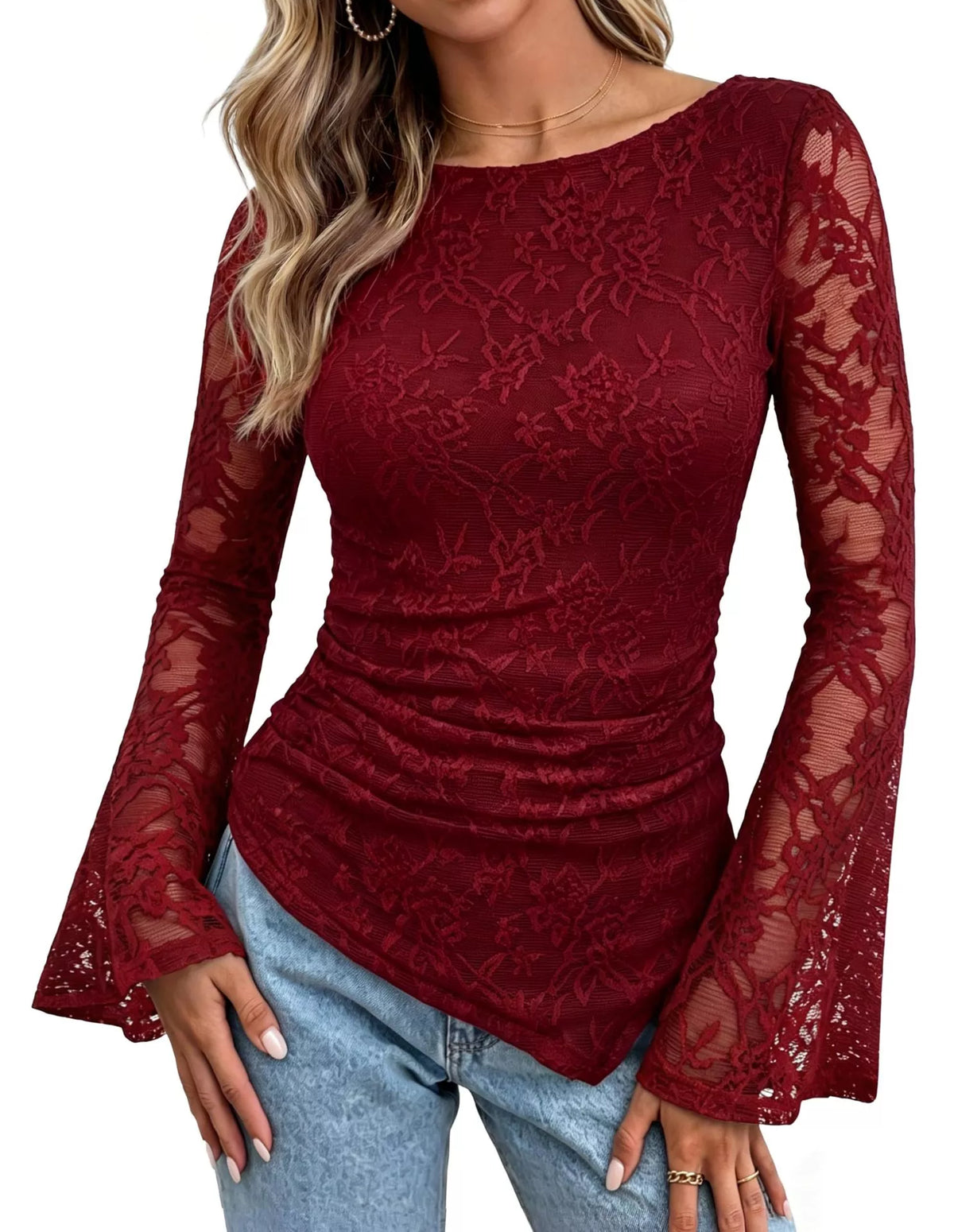 Floral Lace Long Sleeve Blouse with Flared Cuffs in Wine Red