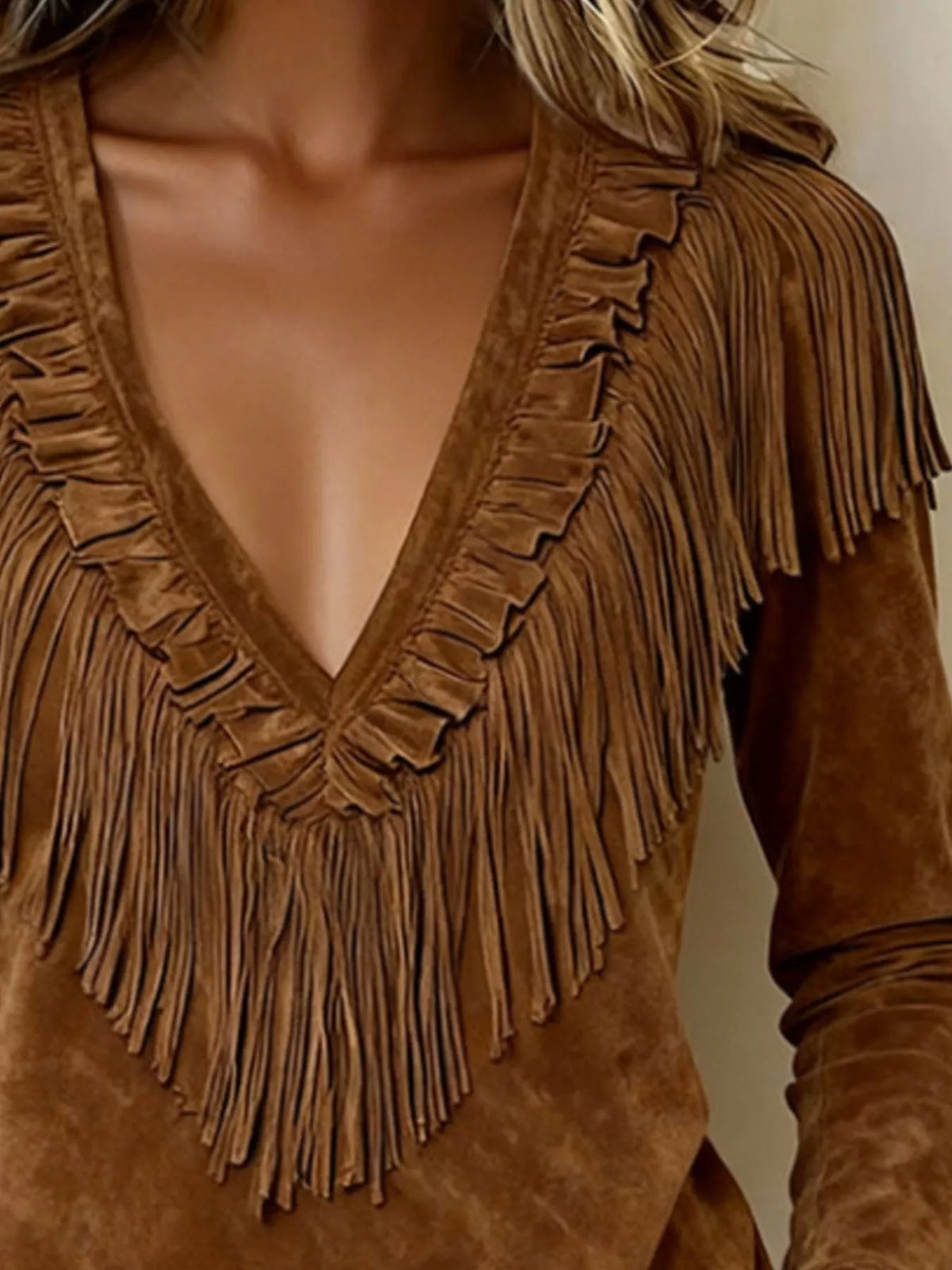 Fringed V-Neck Blouse