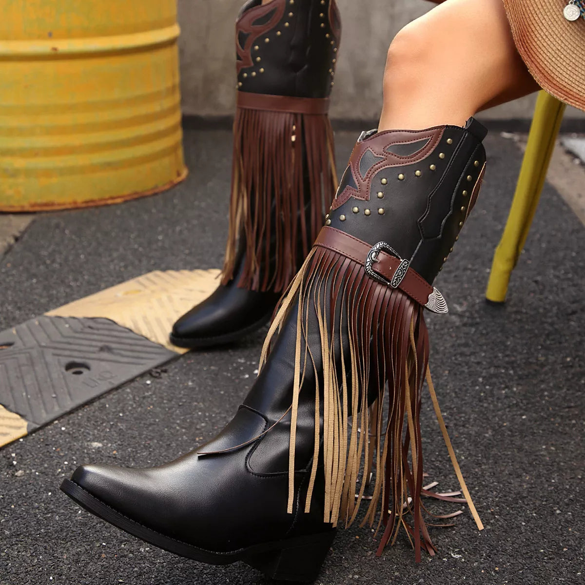 Fringe Block Heel Boots