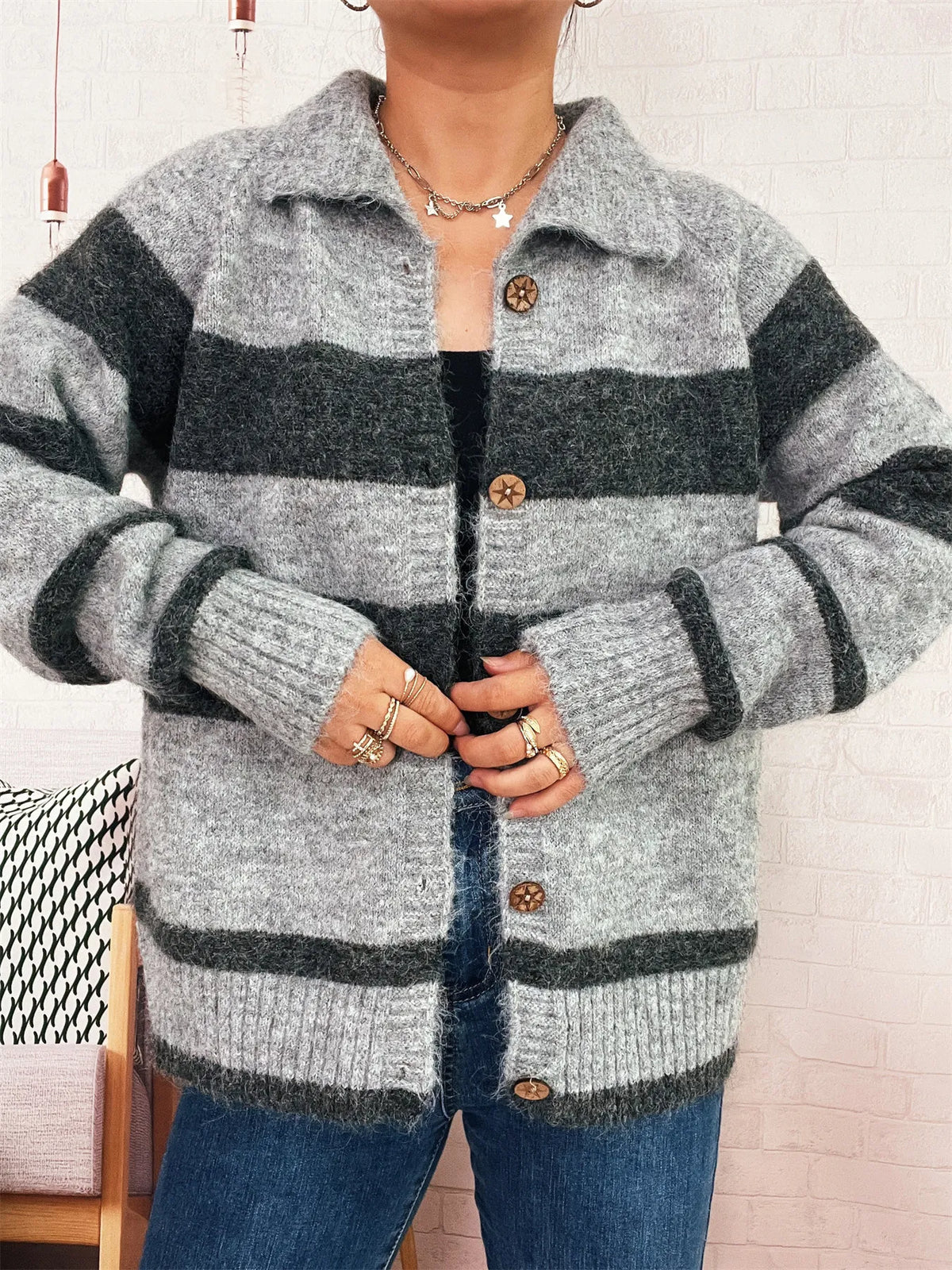 Striped Button-Up Cozy Cardigan - Lilixa.store