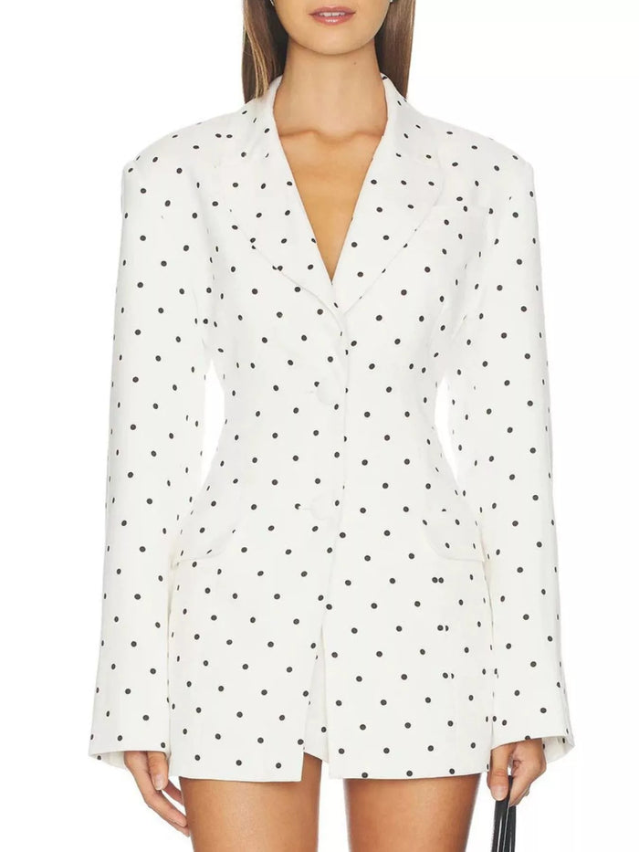 Polka Dot Single-Breasted Blazer in White