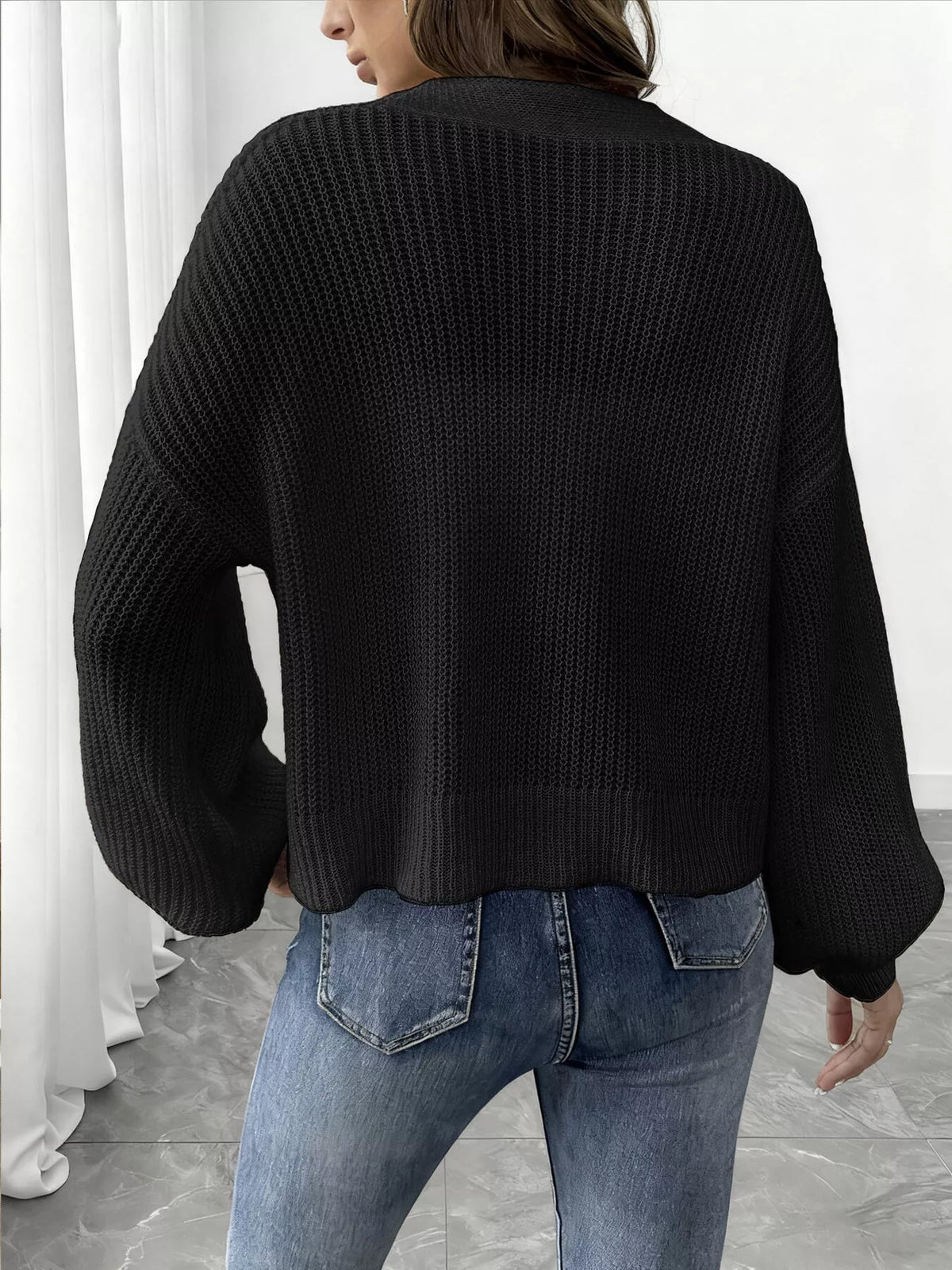 Elegant V-Neck Button-Down Ribbed Knit Cardigan, view 3