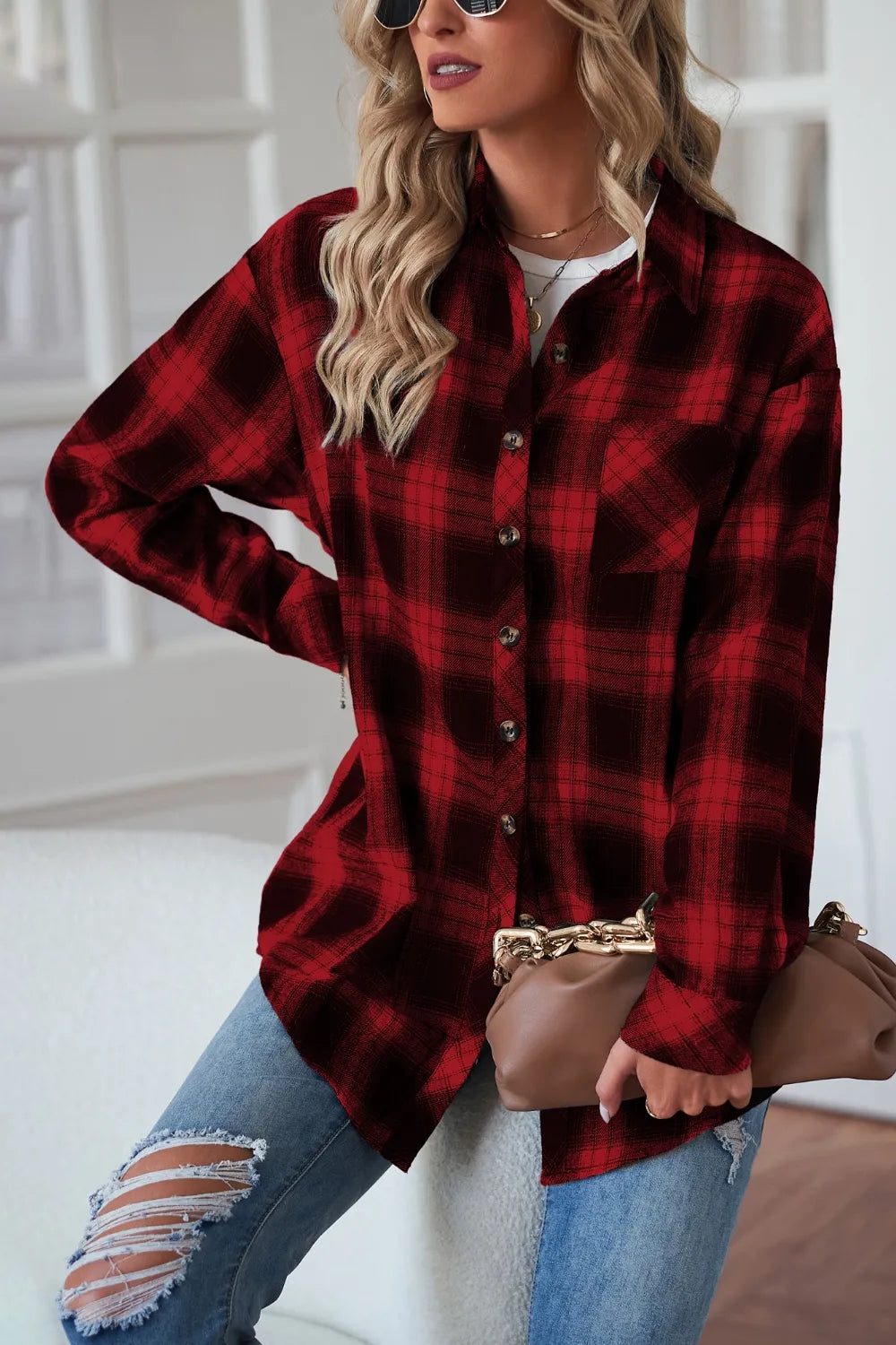 Plaid Button Up Dropped Shoulder Outerwear - Lilixa.store