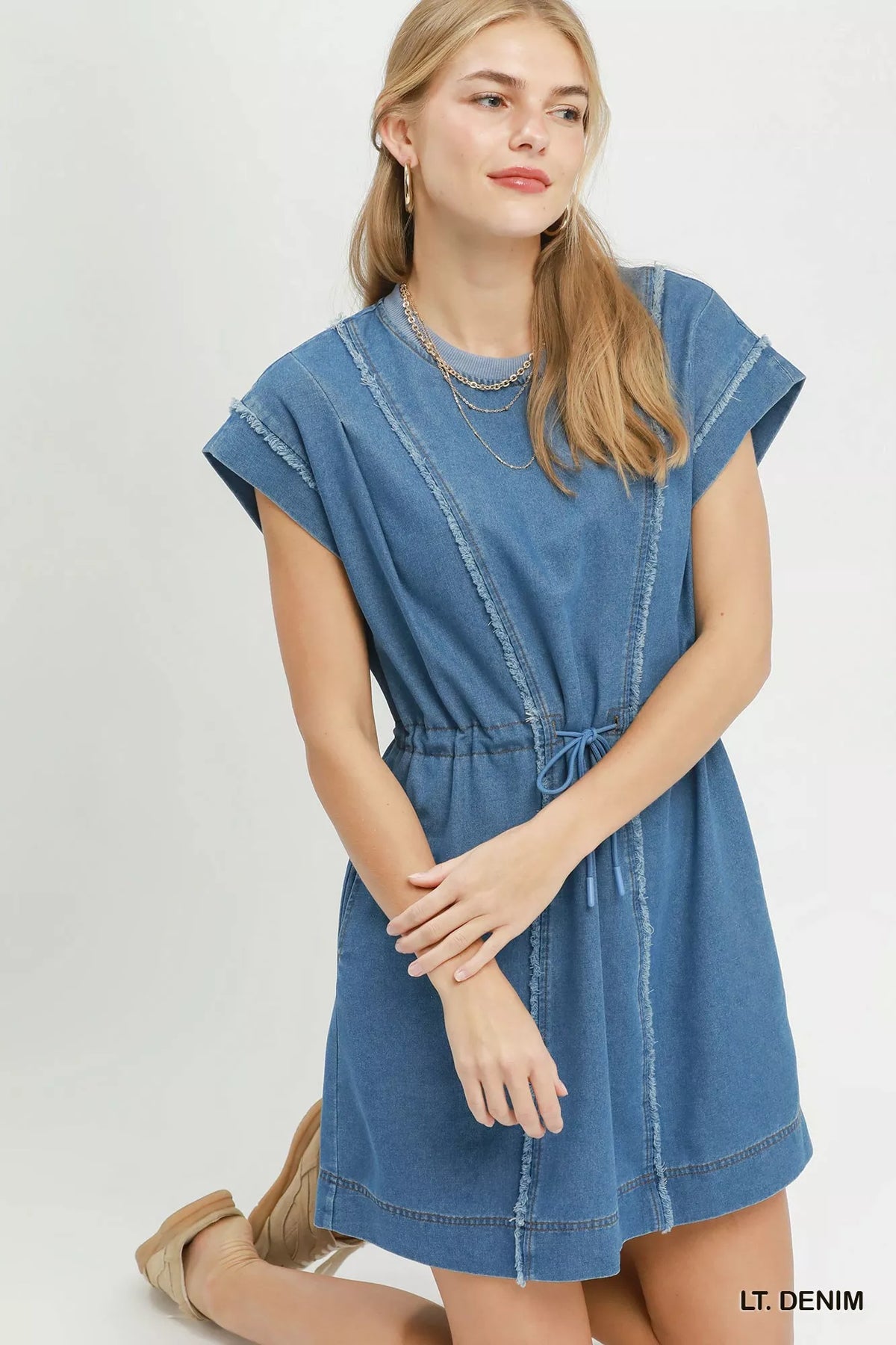 Umgee Drawstring Waist Frayed Denim Mini Dress, view 5