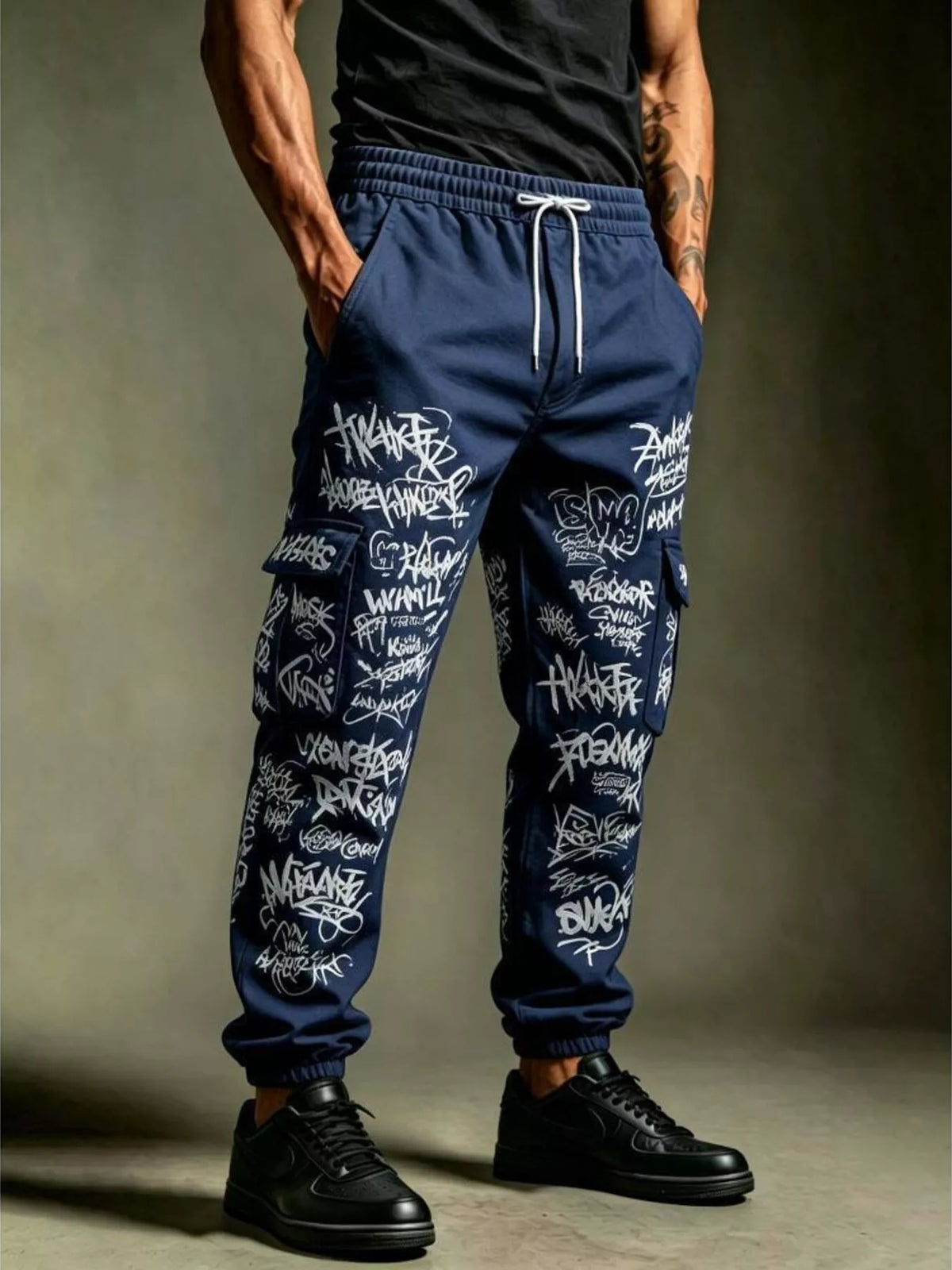 Men's Full Size Graffiti Print Cargo Joggers Plus Size - Lilixa.store