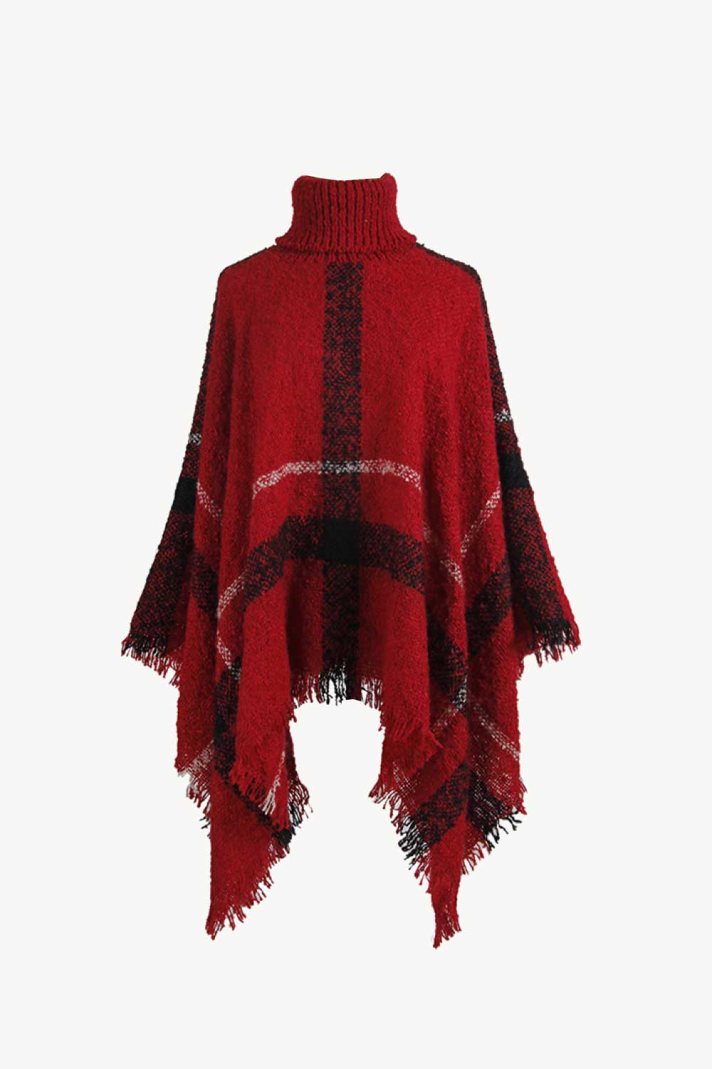 Plaid Turtleneck Raw Hem Poncho in Deep Red
