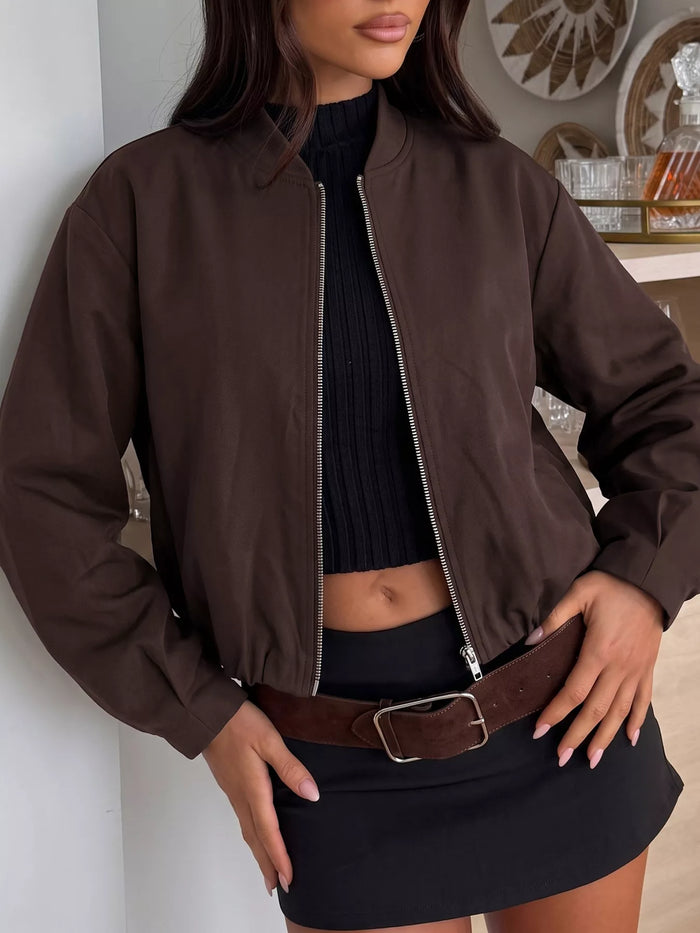 Zip Up Dropped Shoulder Jacket in Coffee Brown