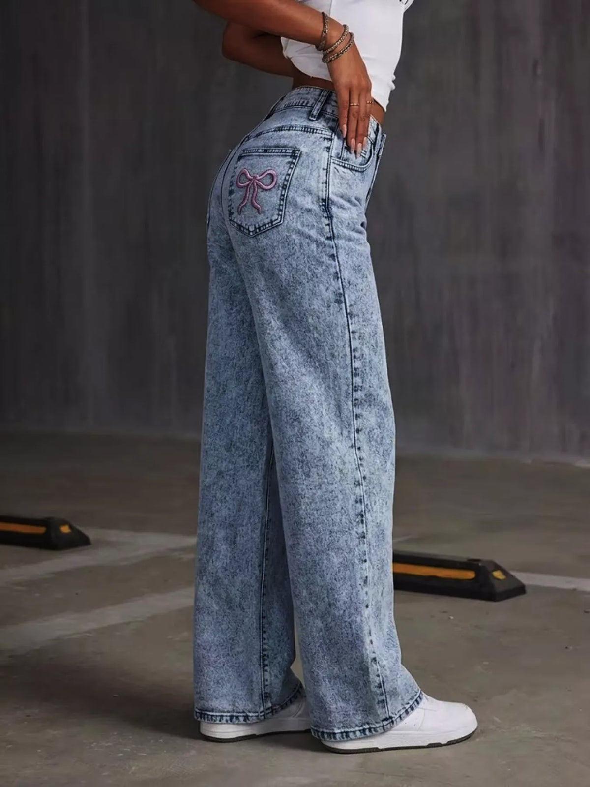 Washed Wide Leg Jeans with Embroidered Bow Detail in Dusty Blue, view 4