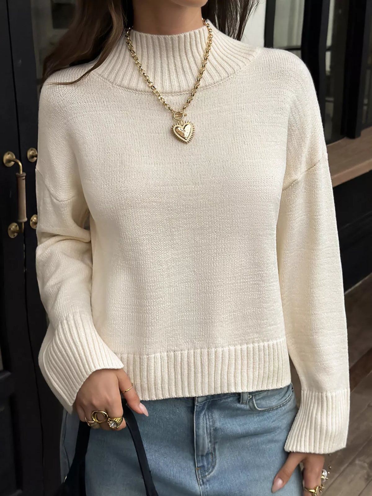 Mock Neck Dropped Shoulder Sweater - Lilixa.store
