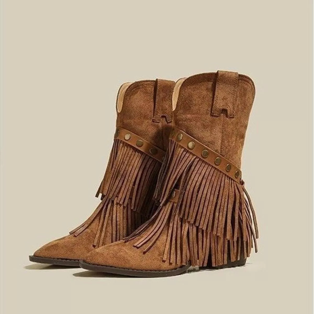 Vintage Suede Western Fringe Boots with Studded Straps, view 2