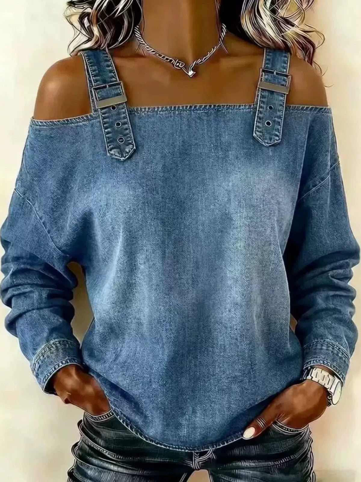 Full Size Buckle Strap Long Sleeve Denim Top Plus Size - Lilixa.store