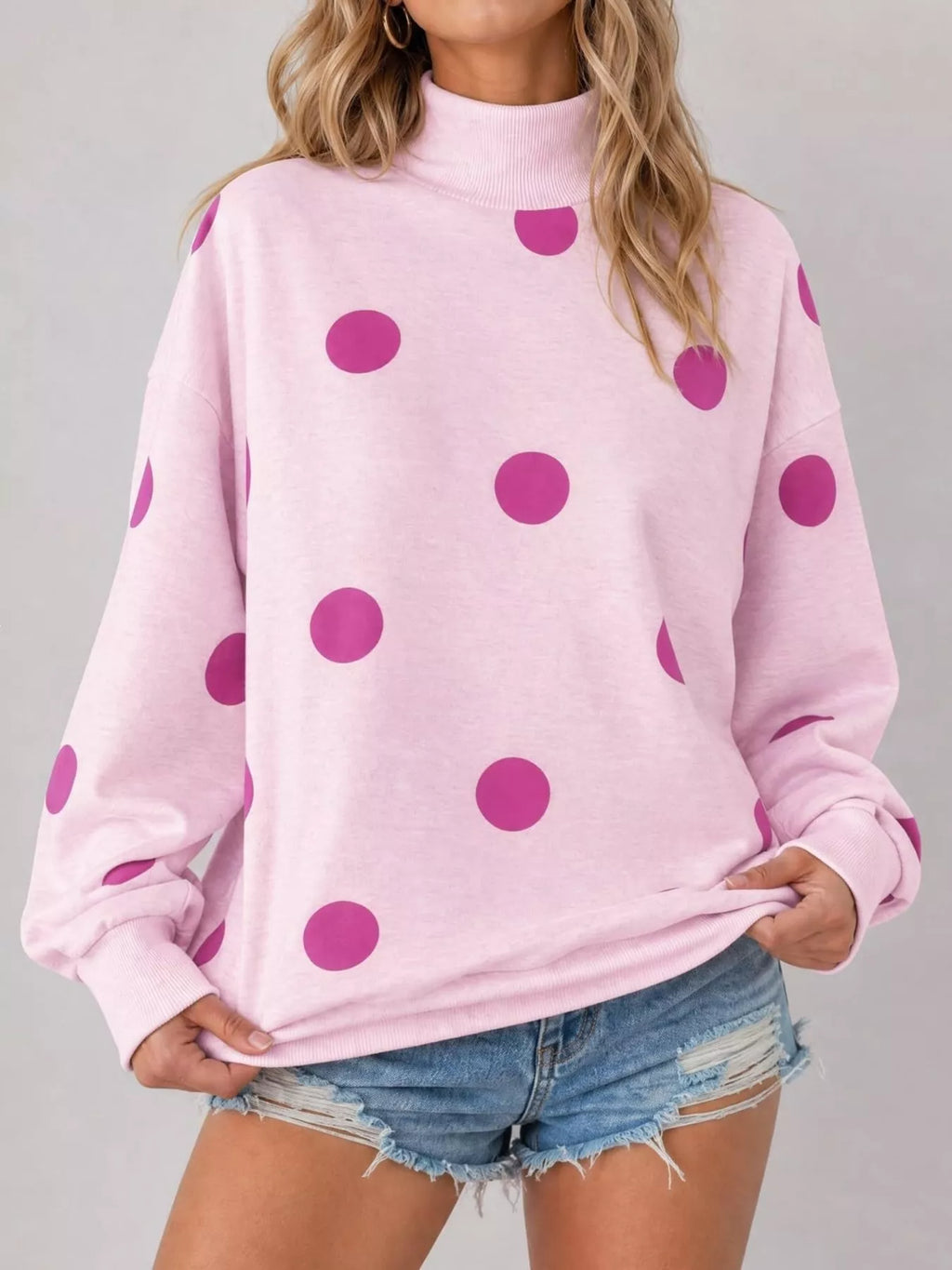 Mock Neck Polka Dot Print Oversized Sweatshirt - Lilixa.store