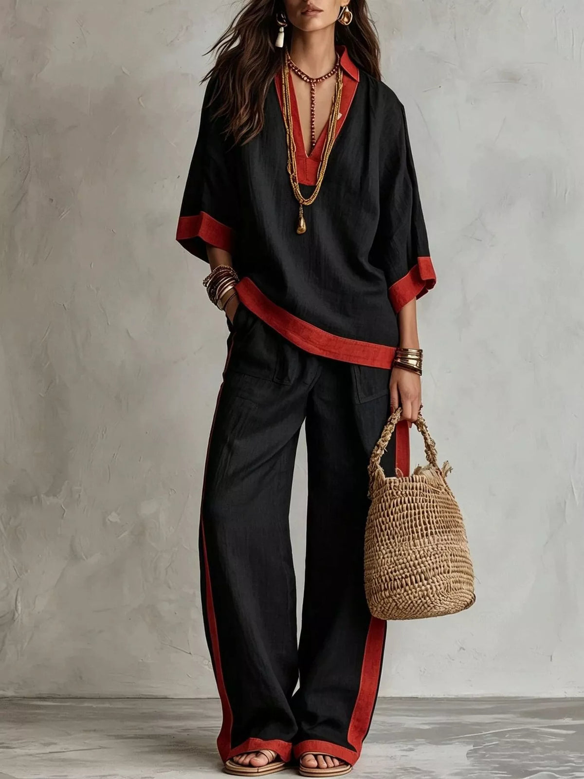 Full Size Contrast Trim Top and Wide Leg Pants Set Plus Size