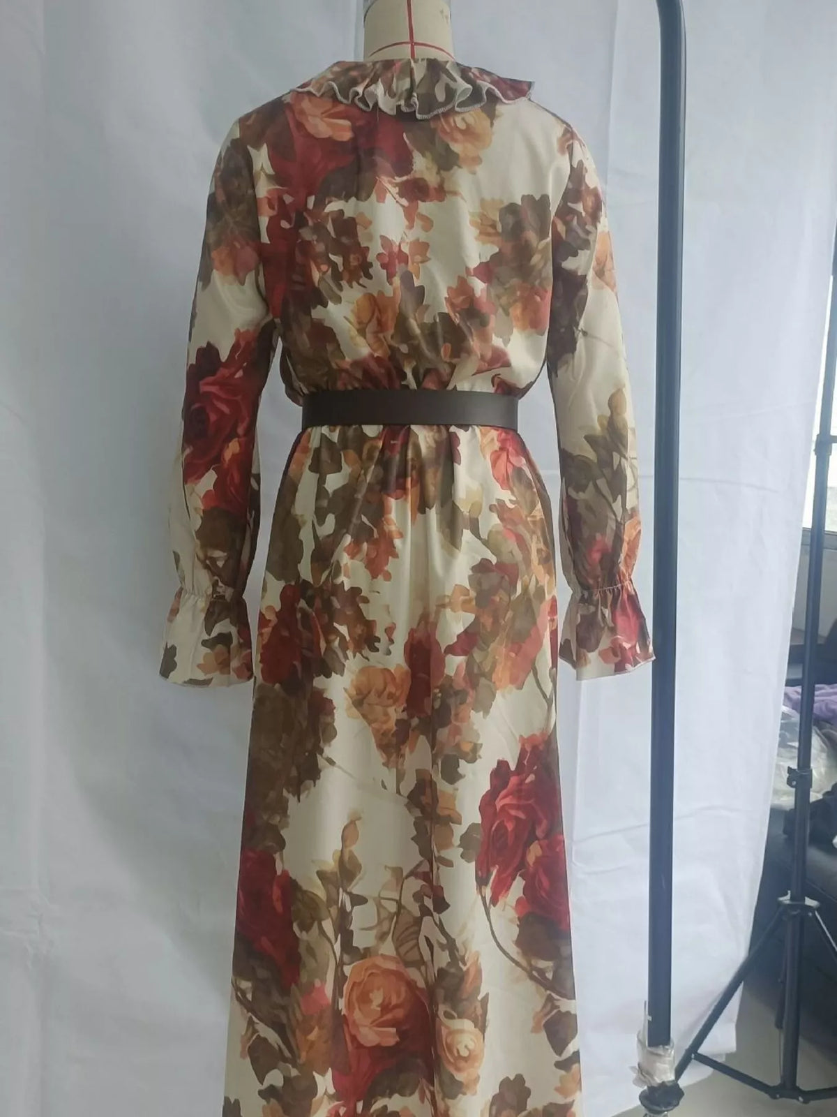 Floral Print Ruffle Trim High-Low Chiffon Maxi Dress