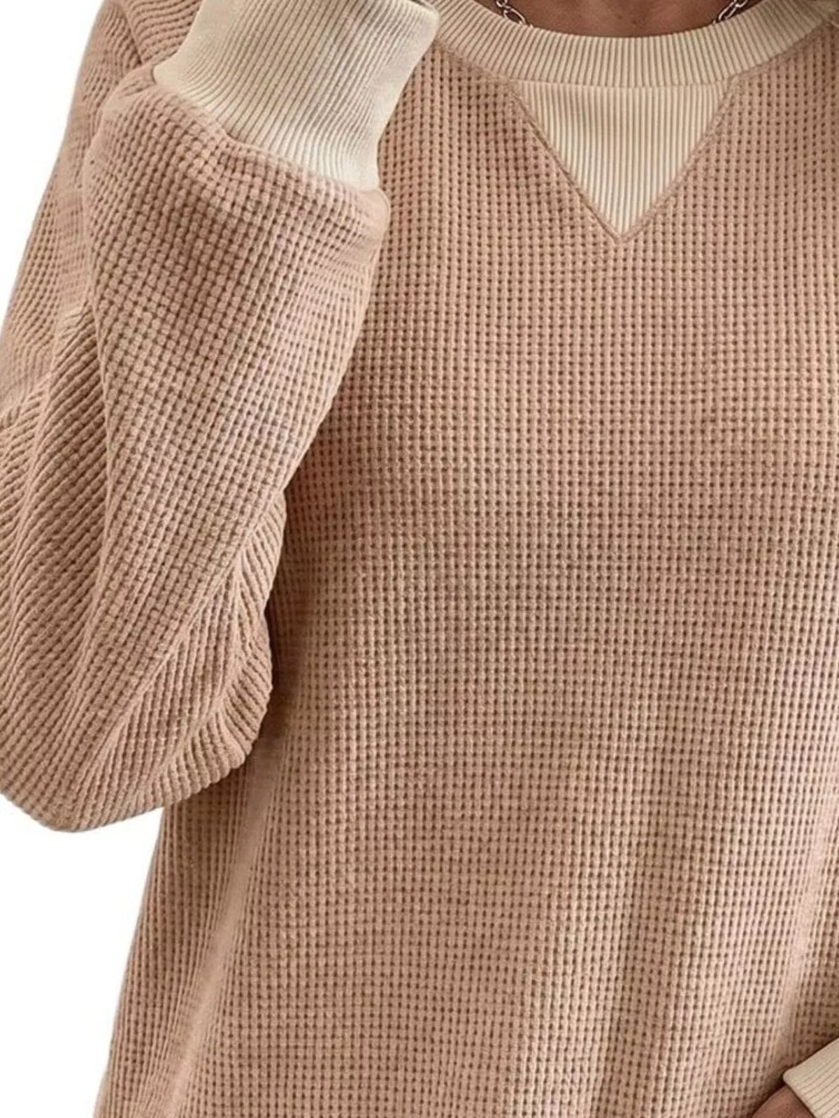 Waffle Knit Crew Neck Long Sleeve Sweatshirt, view 8