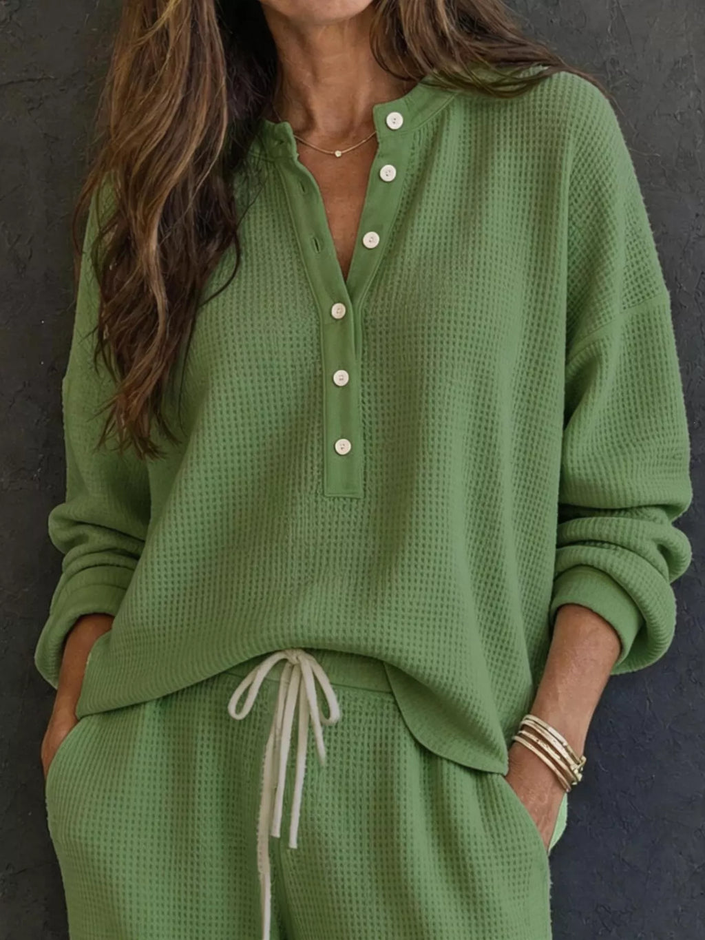 Waffle Knit Henley Top and Wide Leg Pants Set - Lilixa.store