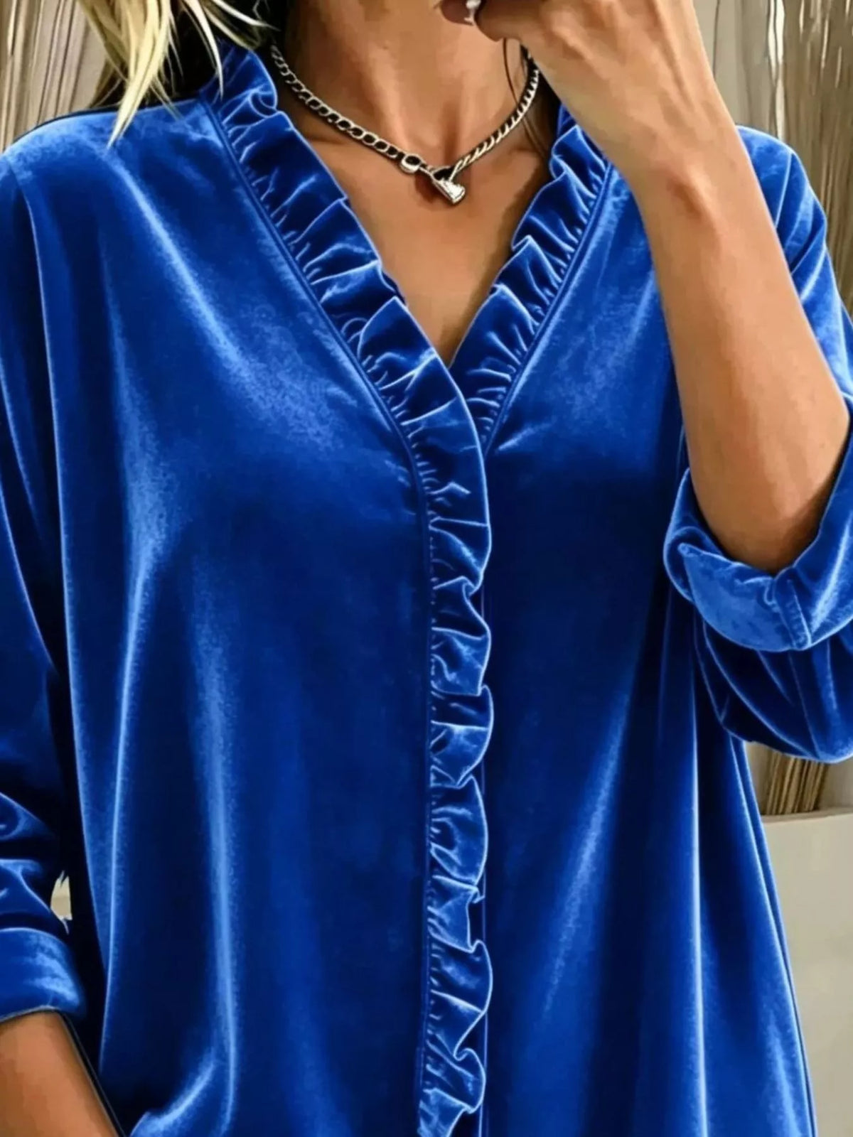 Velvet Frill V-Neck Blouse - Lilixa.store