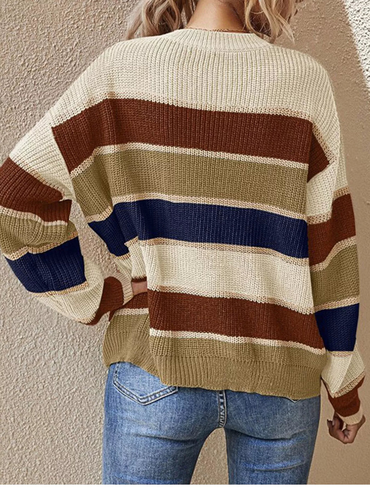Color Block Striped Crew Neck Sweater