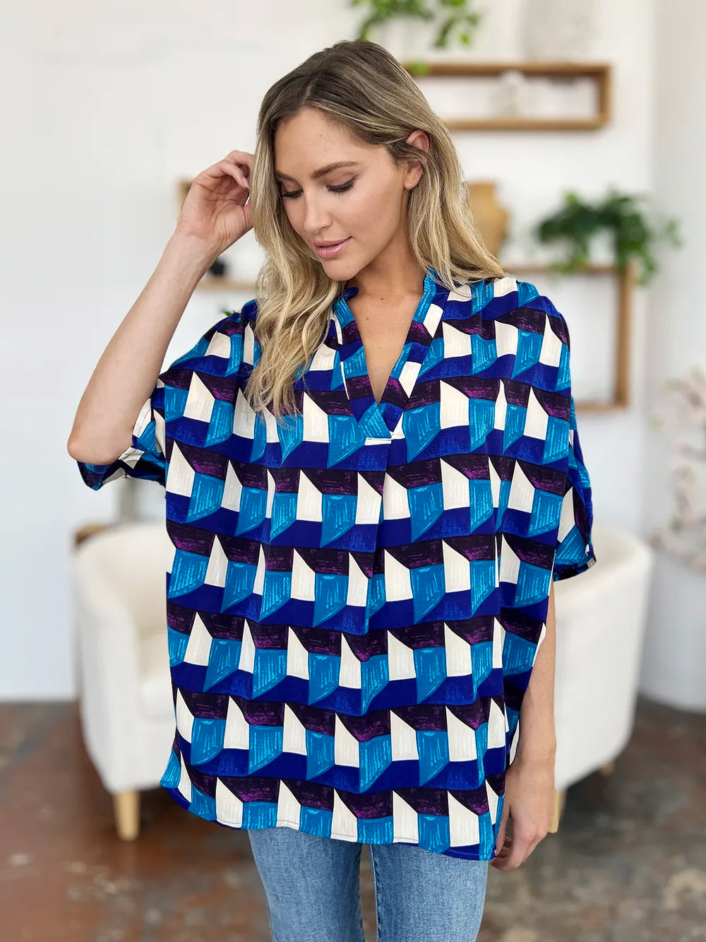 Double Take Full Size Geometric Notched Half Sleeve Blouse - Lilixa.store