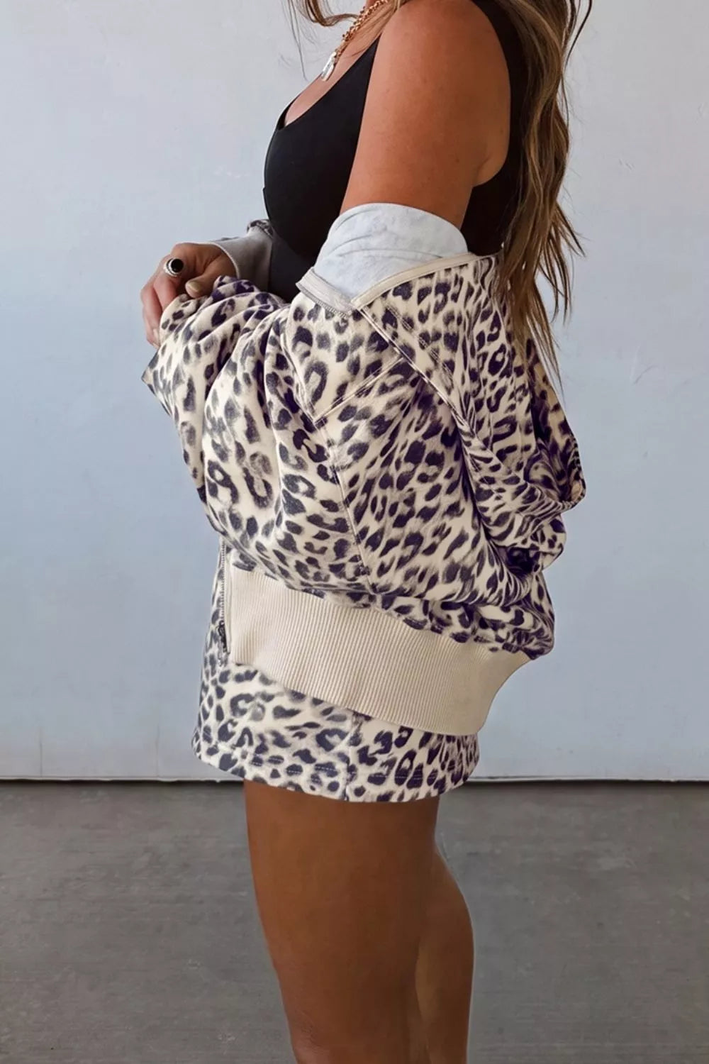 Leopard Print Zip-Up Hoodie and Shorts Set in Khaki, view 2