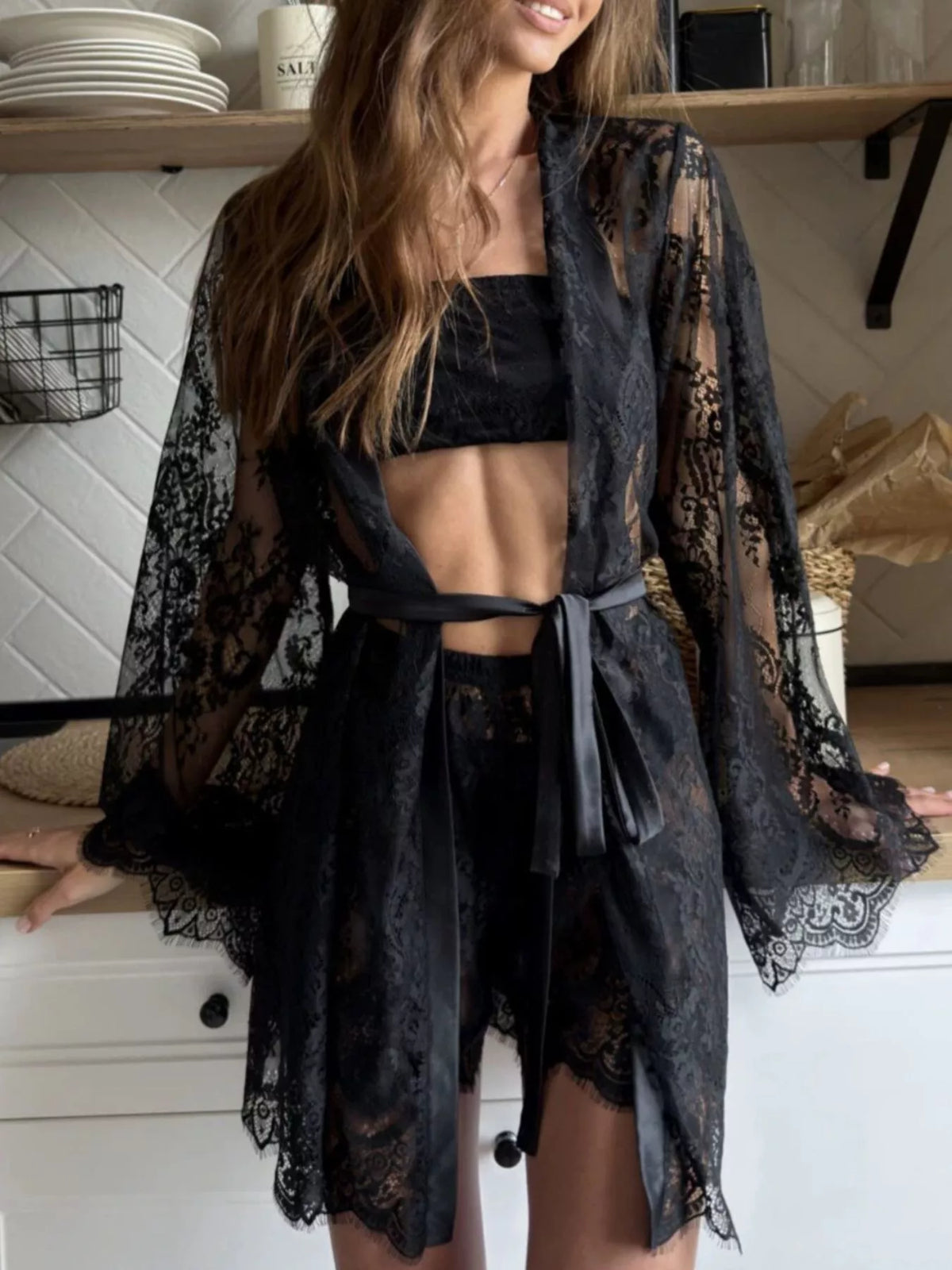 Lace Tube Top & Cardigan and Shorts Three-Piece Lounge Set - Lilixa.store