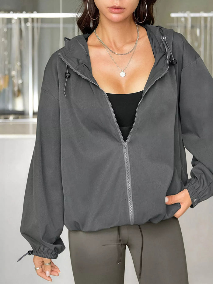 Drawstring Zip Up Hooded Jacket in Black