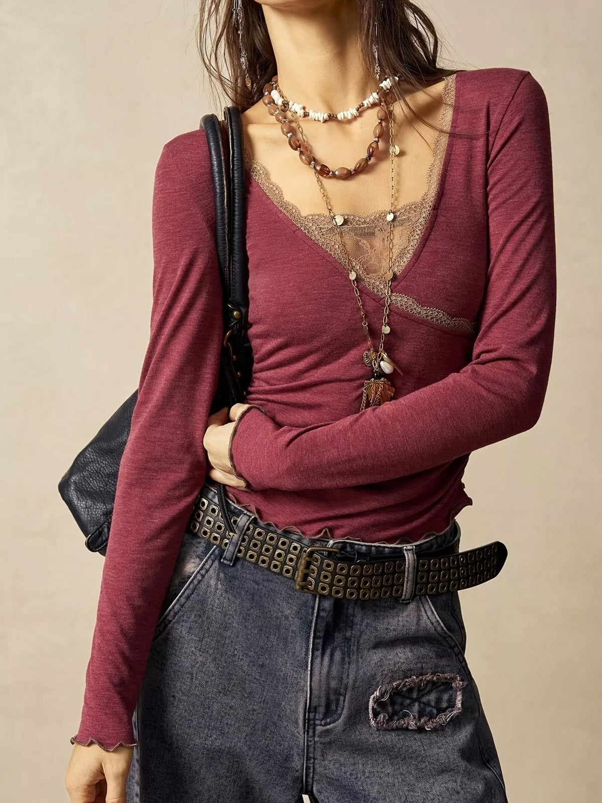 Lace Detail Long Sleeve T-Shirt - Lilixa.store