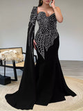 Rhinestone Pearl Detail One-Shoulder Mermaid Maxi Dress - Lilixa.store