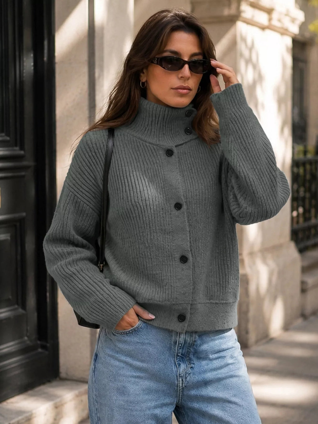 Turtleneck Button-Down Cardigan - Lilixa.store