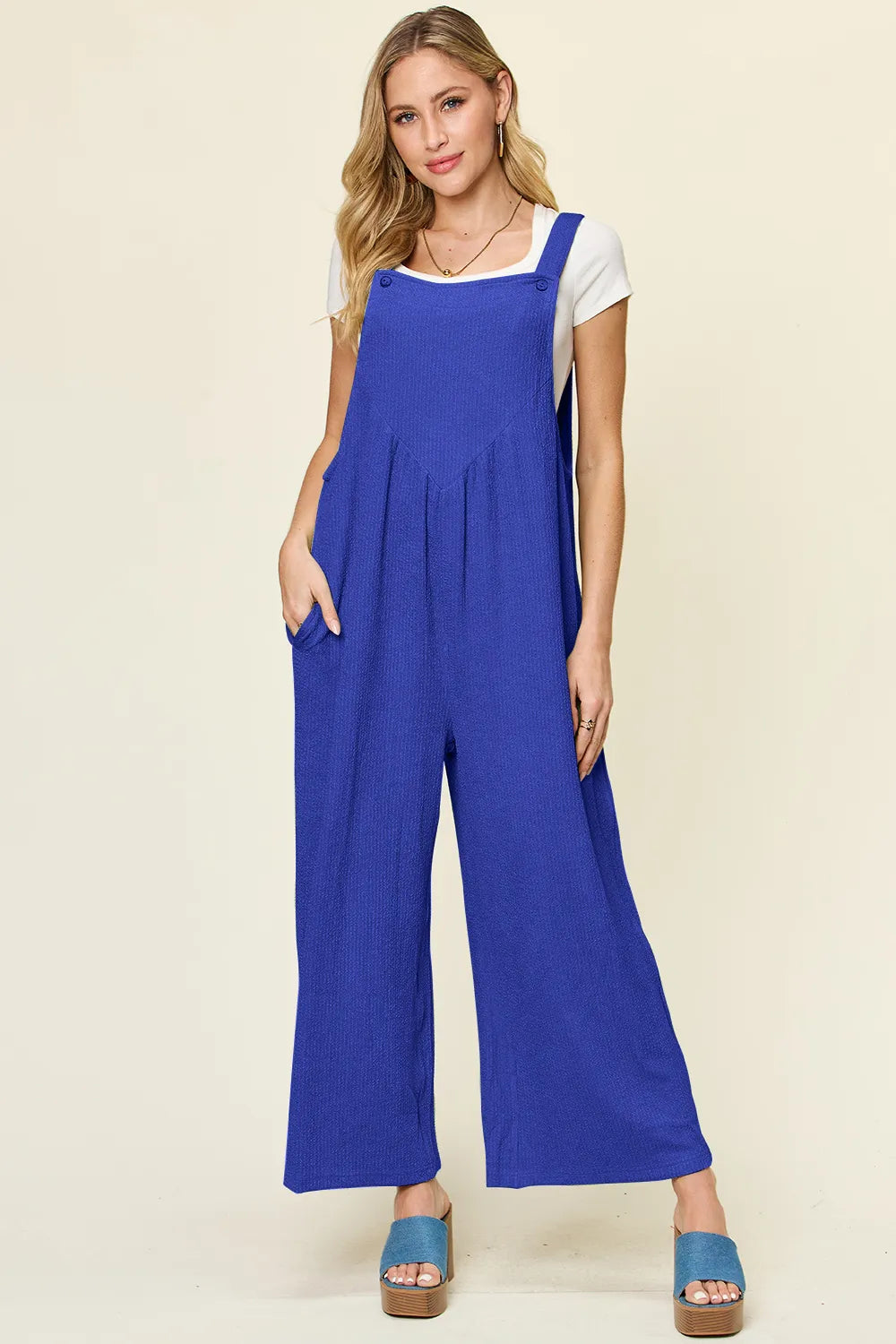 Double Take Full Size Texture Sleeveless Wide Leg Overall in Royal Blue