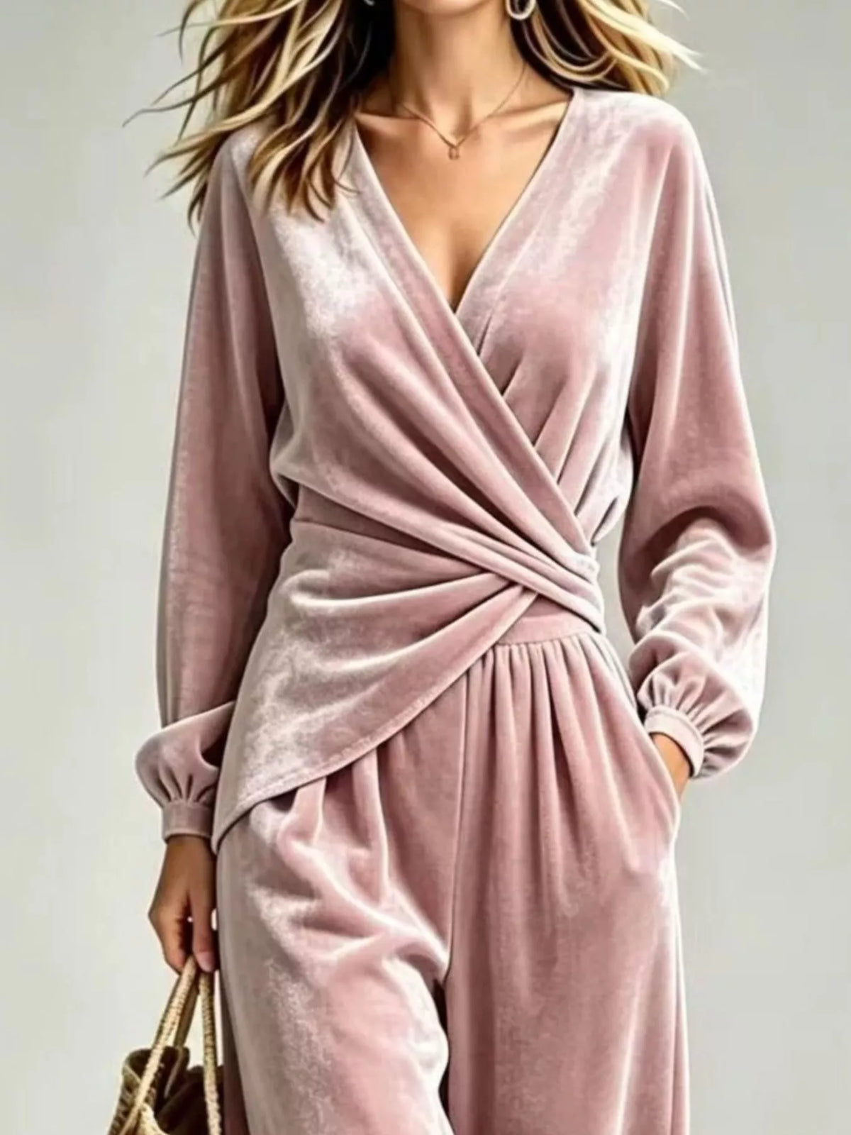 Velvet Wrap-Front Top and Pants Set