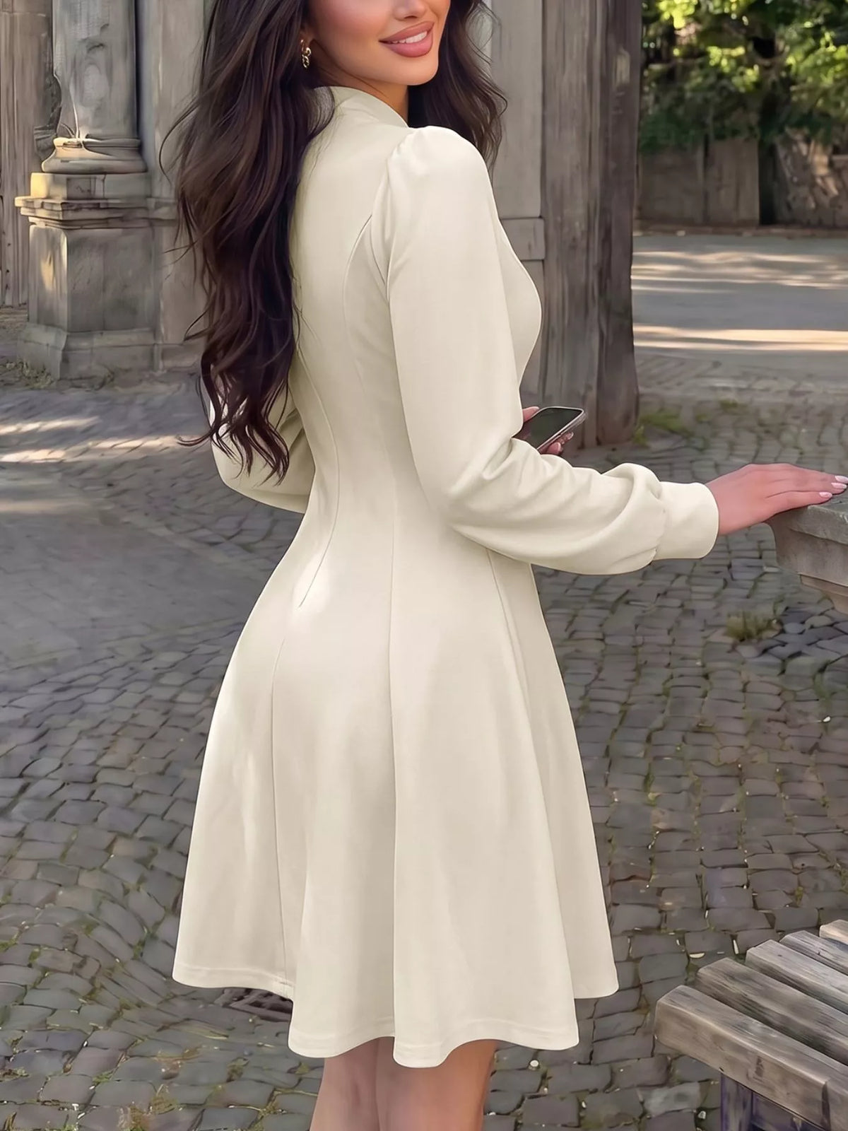 Keyhole Neckline Long Sleeve A-Line Mini Dress in Apricot, view 5