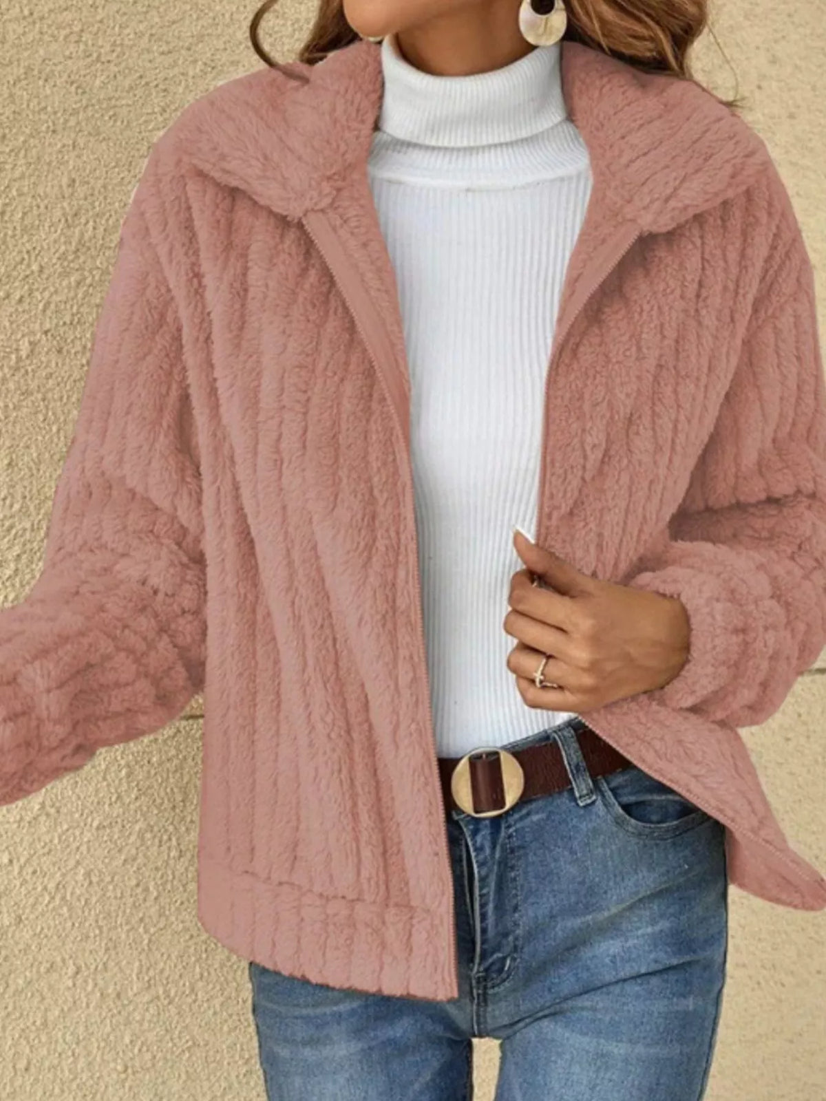 Full Size Zip-Up Long Sleeve Texture Jacket Plus Size, view 5