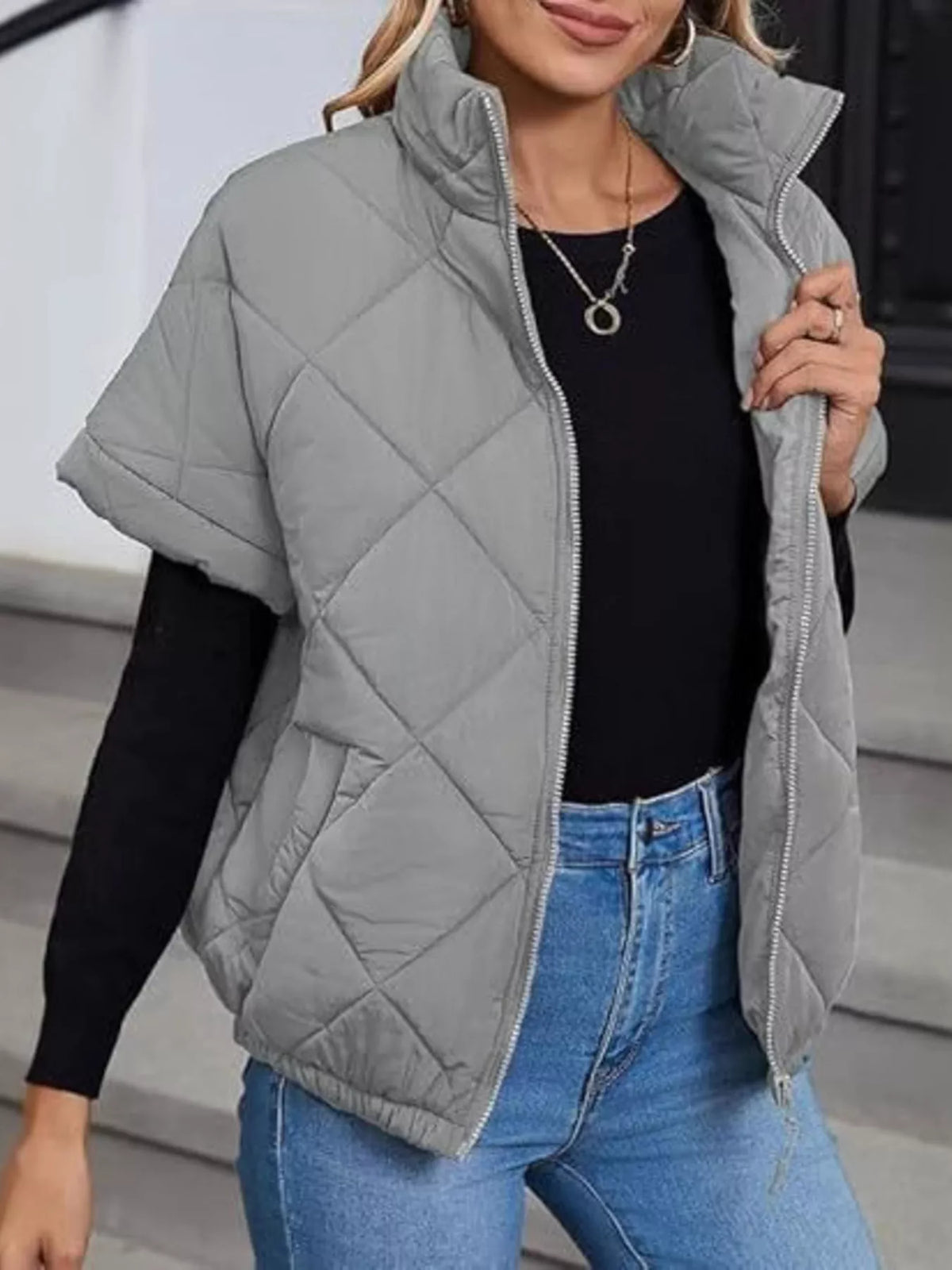 Quilted Zip Up Short Sleeve Winter Coat - Lilixa.store