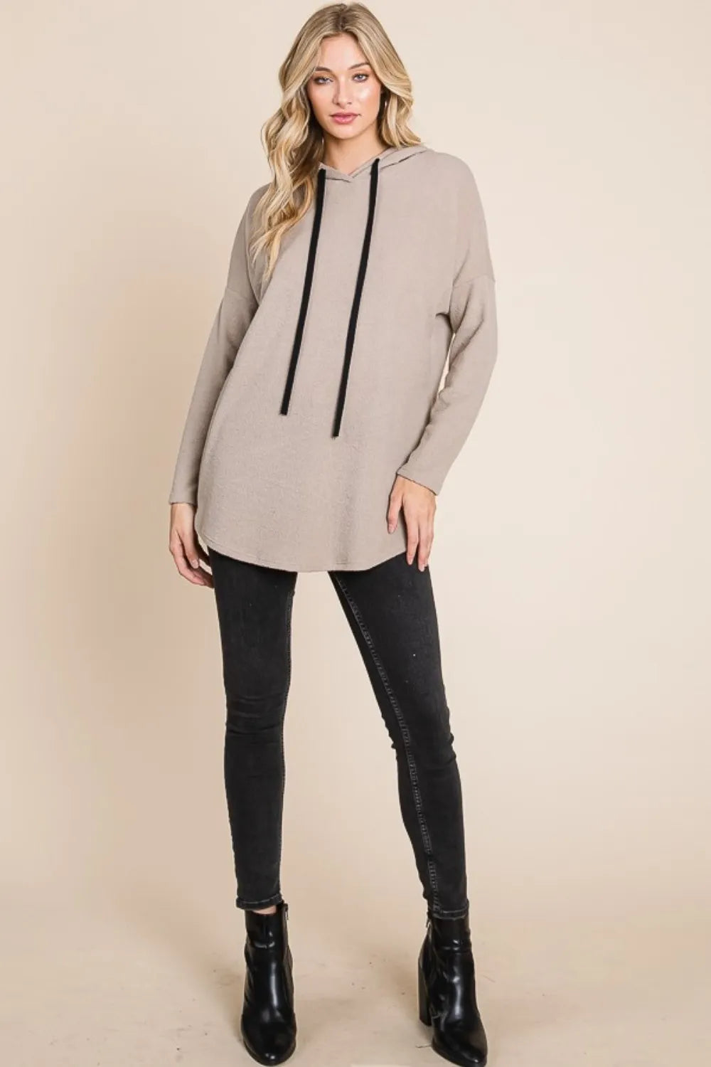 BOMBOM Contrast Drawstring Drop Shoulder Knit Hoodie - Lilixa.store