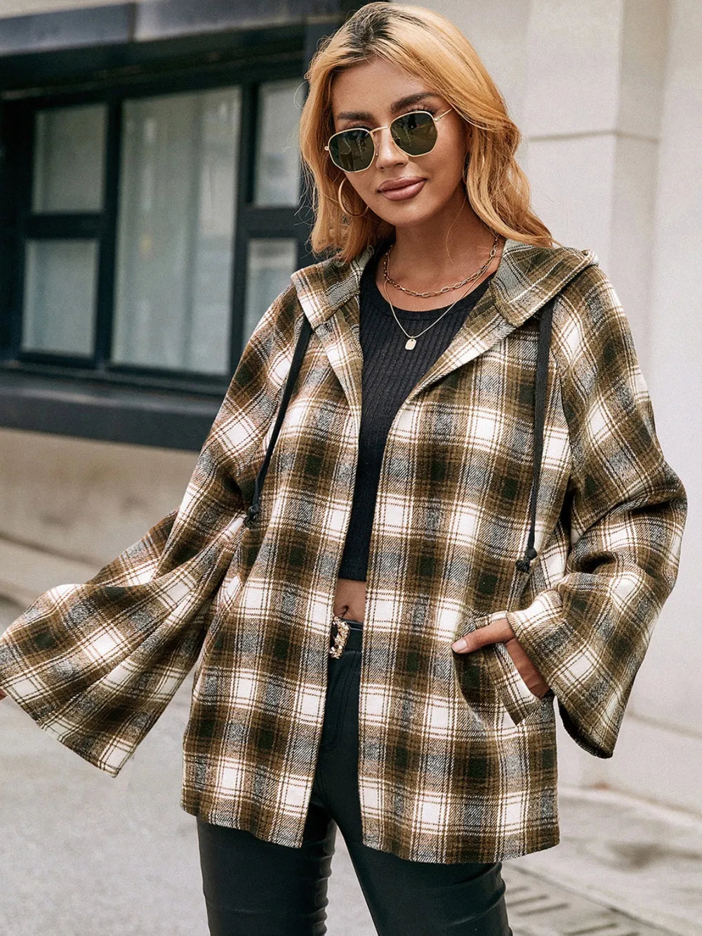 Ivy Lane Pocketed Plaid Long Sleeve Hooded Jacket in Camel, view 4