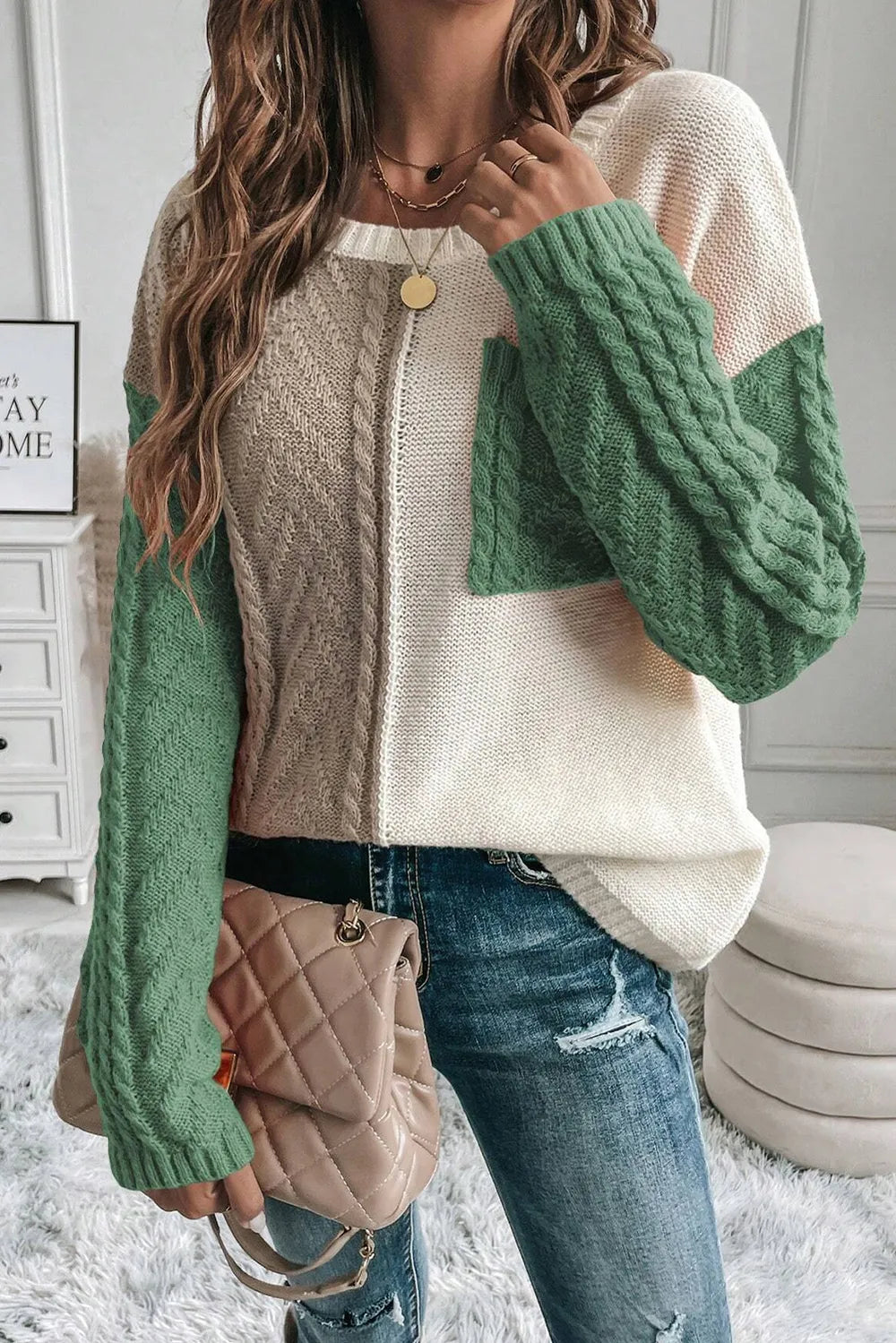 Double Take Full Size Color Block Drop Shoulder Sweater, view 3