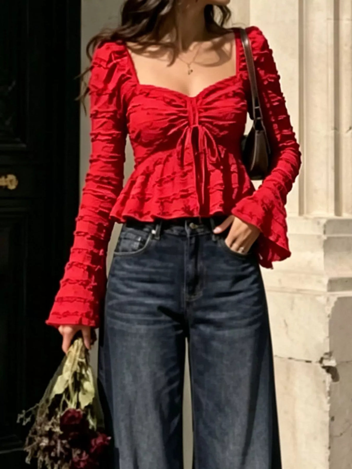 Textured Sweetheart Neck Flare Sleeve Top - Lilixa.store