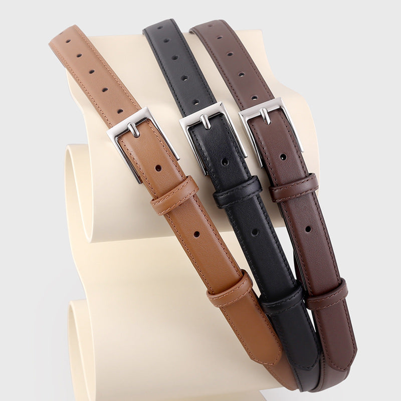 Classic Leather Skinny Belt with Silver Buckle - Lilixa.store