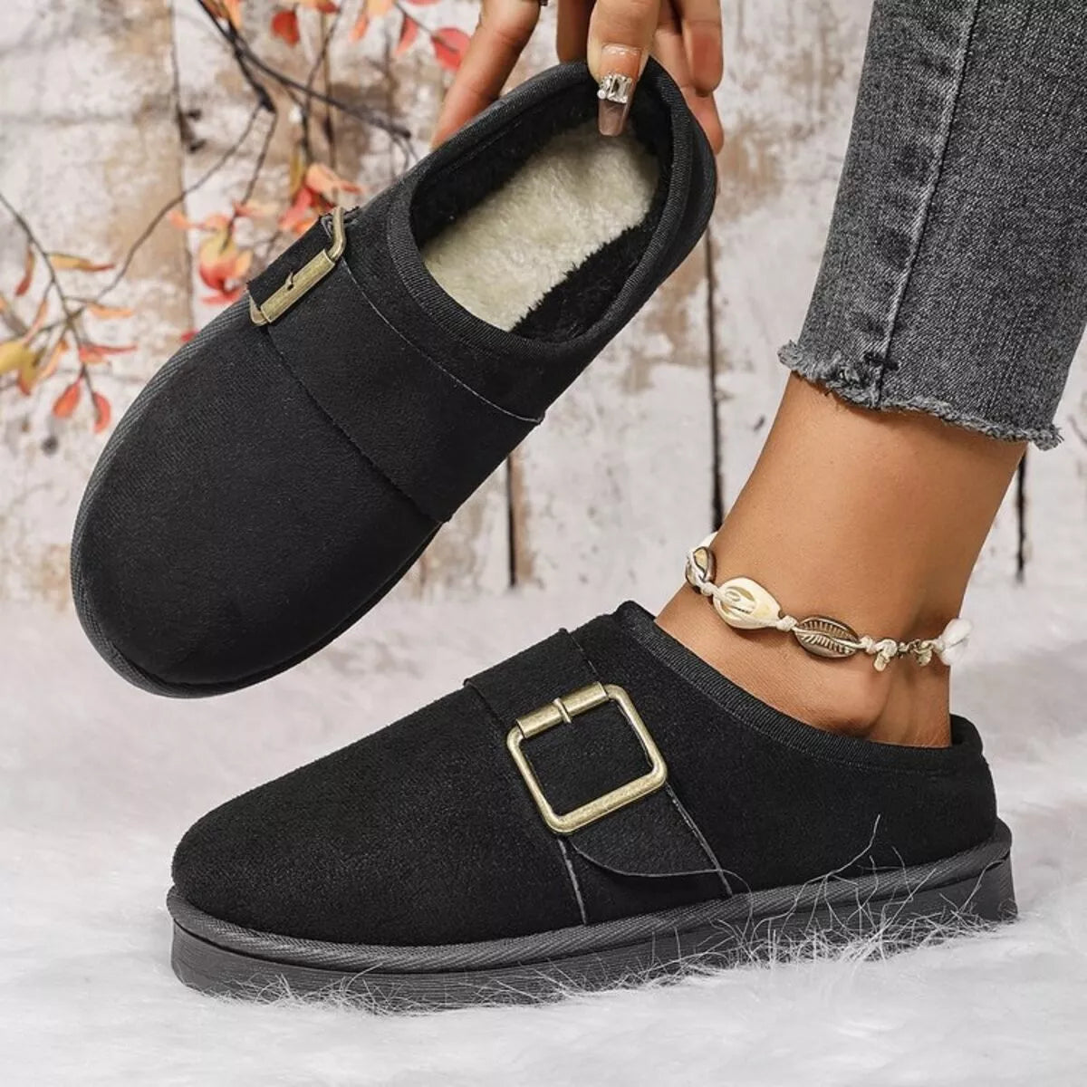 Buckle Decor Plush Lined Warm Slippers - Lilixa.store