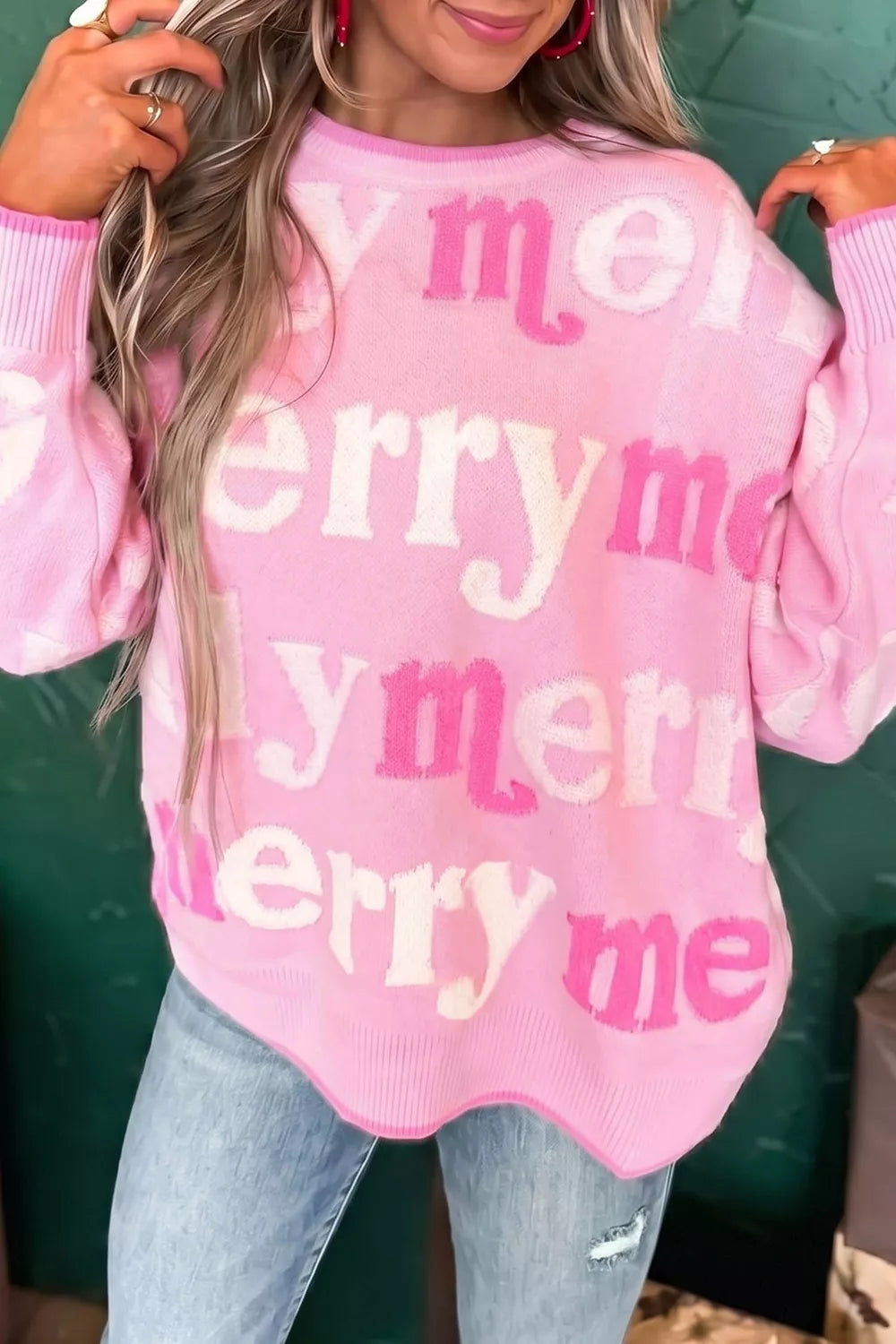 All Over Merry Me Graphic Round Neck Knit Sweater